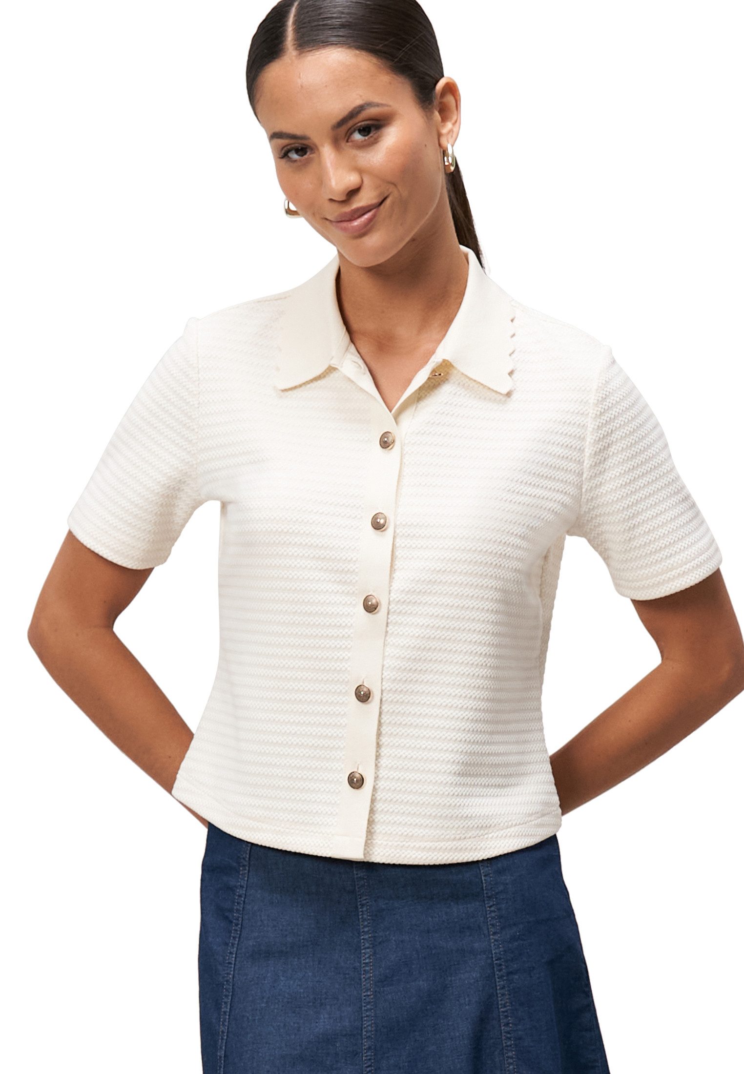 Kurzarmshirt Damen Strick-Poloshirt mit Knopfleiste