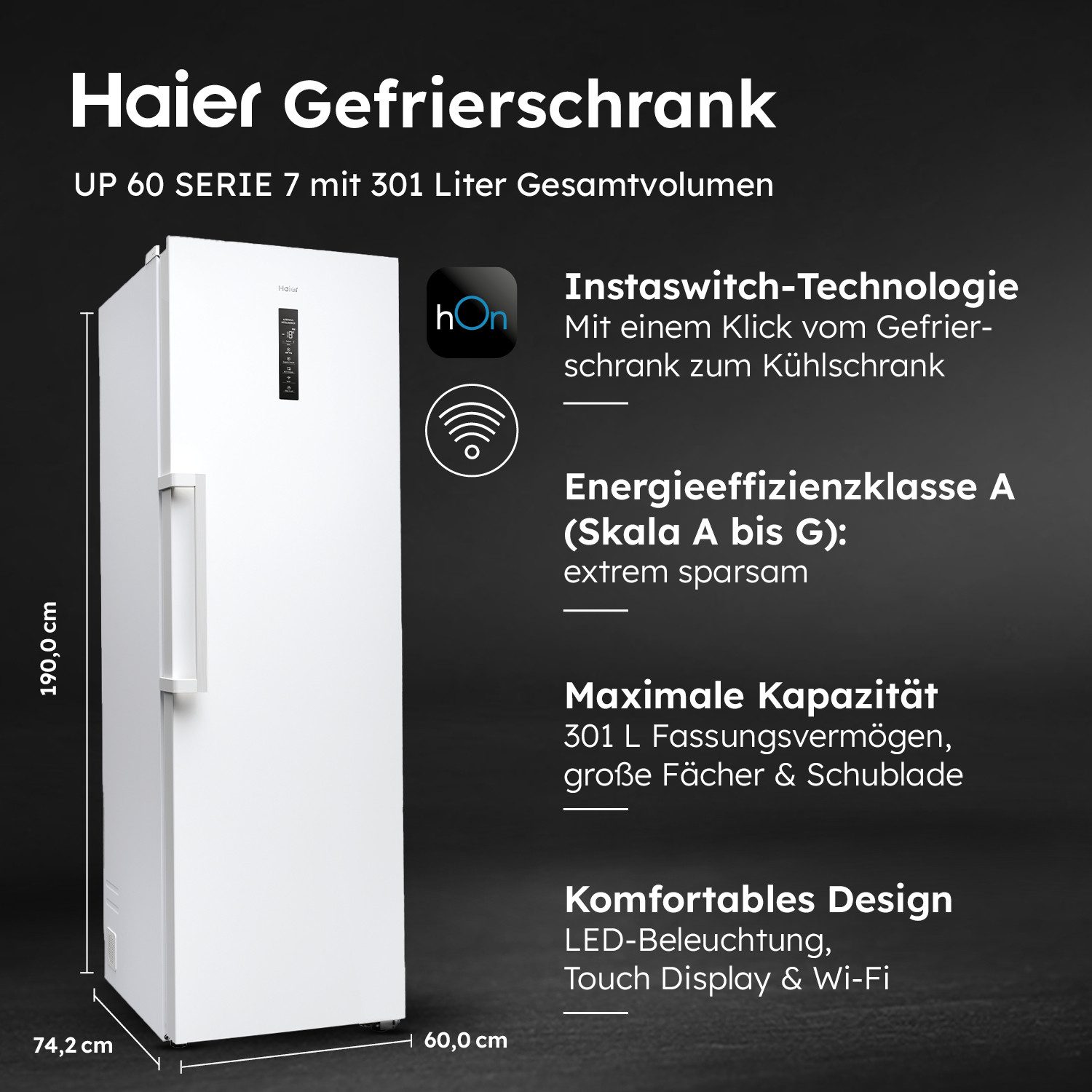 Haier Gefrierschrank Upright Freezer H4F306WAH1, 190 cm hoch, 60 cm breit, TWIST ICE MAKER