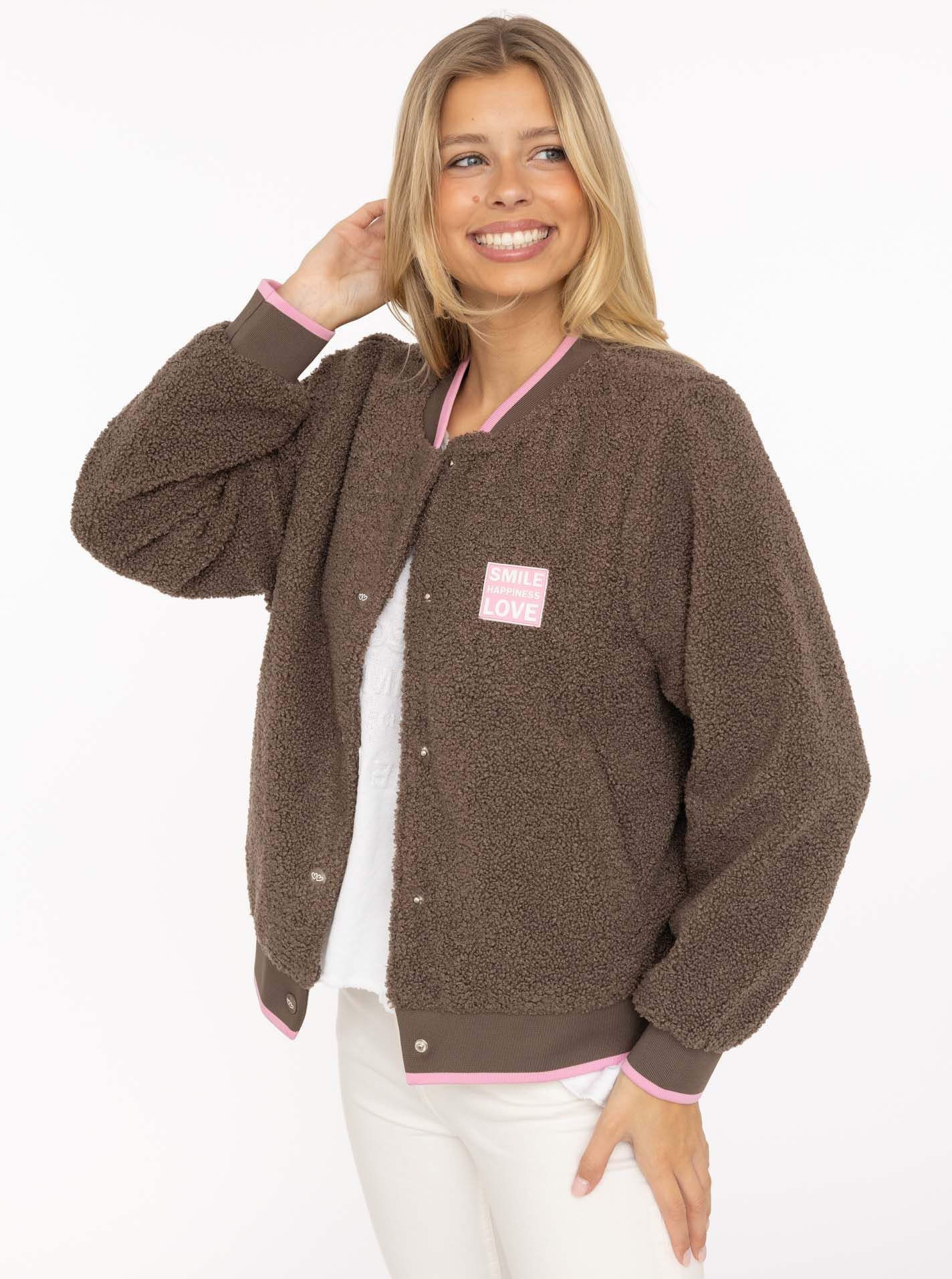 Zwillingsherz Bomberjacke "Smile Love" seitliche Taschen, Knopfleiste, Kontrastbündchen, Patch