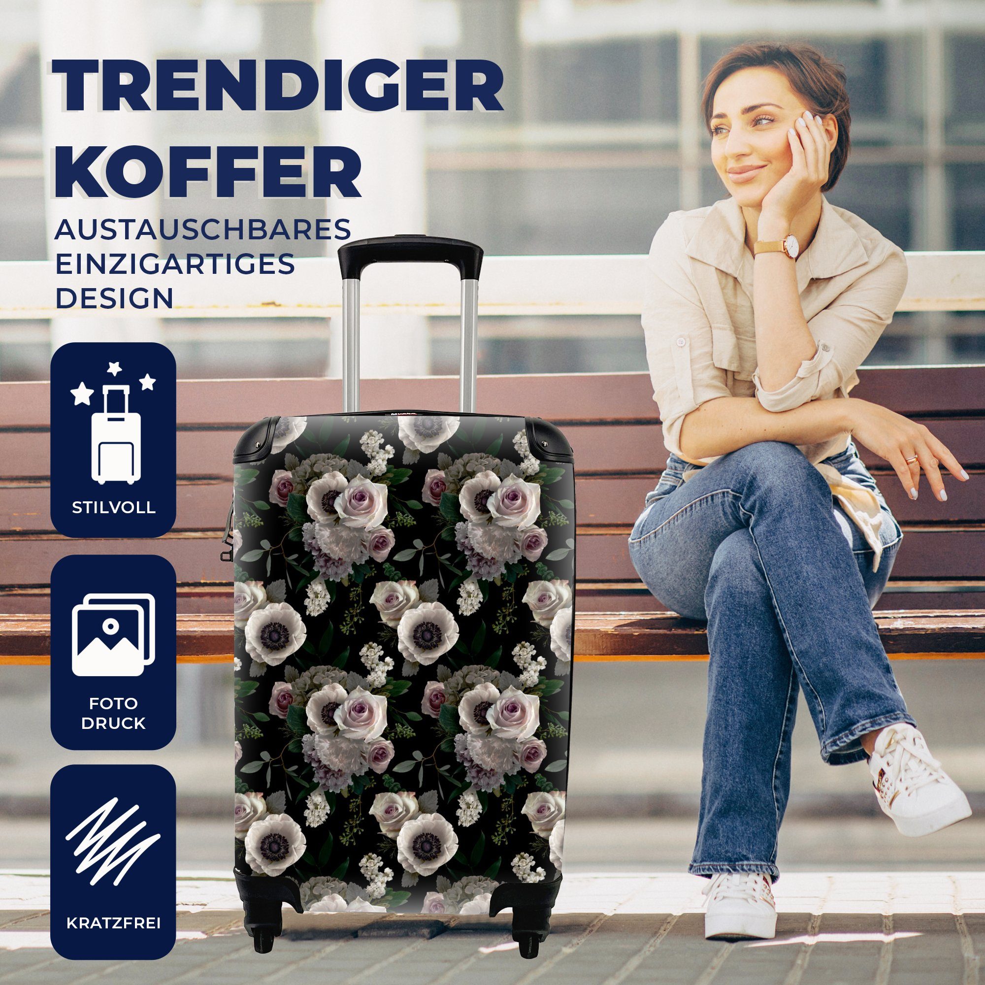 Anemone, Handgepäckkoffer mit Handgepäck für rollen, Ferien, 4 Blumen Licht - - MuchoWow Trolley, Rollen, Reisetasche Reisekoffer