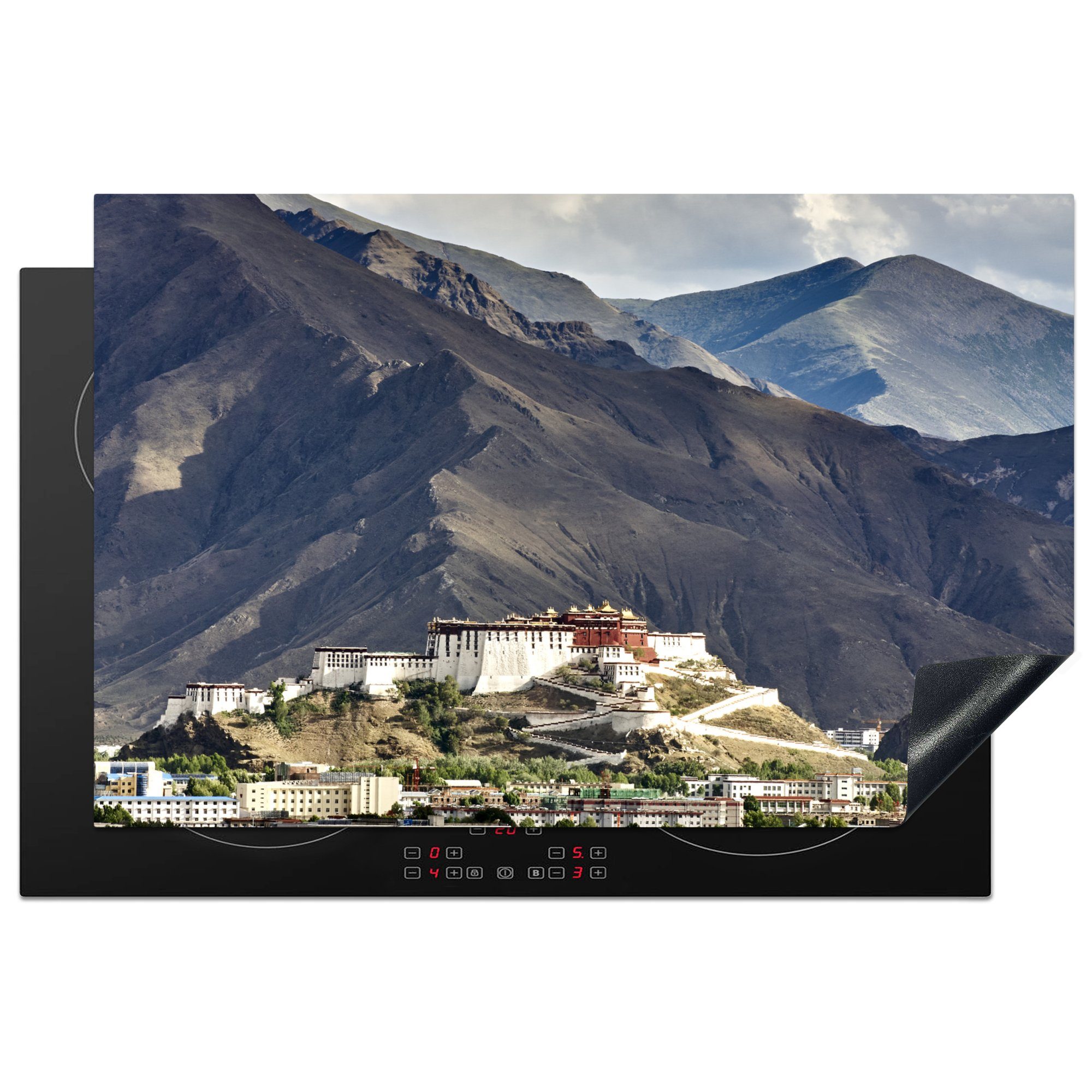 MuchoWow Herdblende-/Abdeckplatte Blick auf den und in Ceranfeldabdeckung küche, Lhasa, die cm, (1 Vinyl, 81x52 tlg), Schutz Berge für die Induktionskochfeld Potala-Palast
