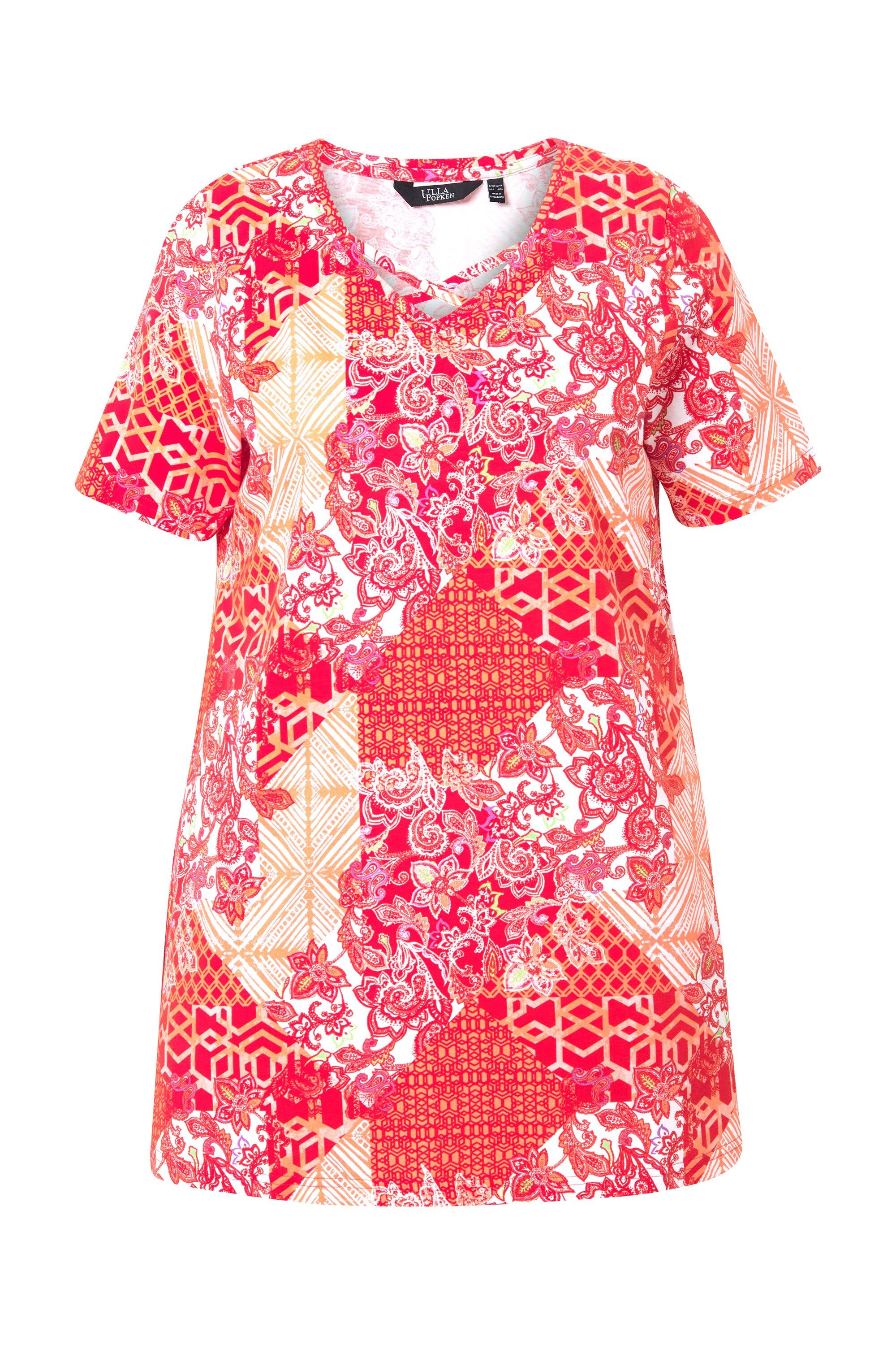 Ulla Popken Longshirt Longshirt Patchdruck A-Linie V-Ausschnitt Halbarm günstig online kaufen