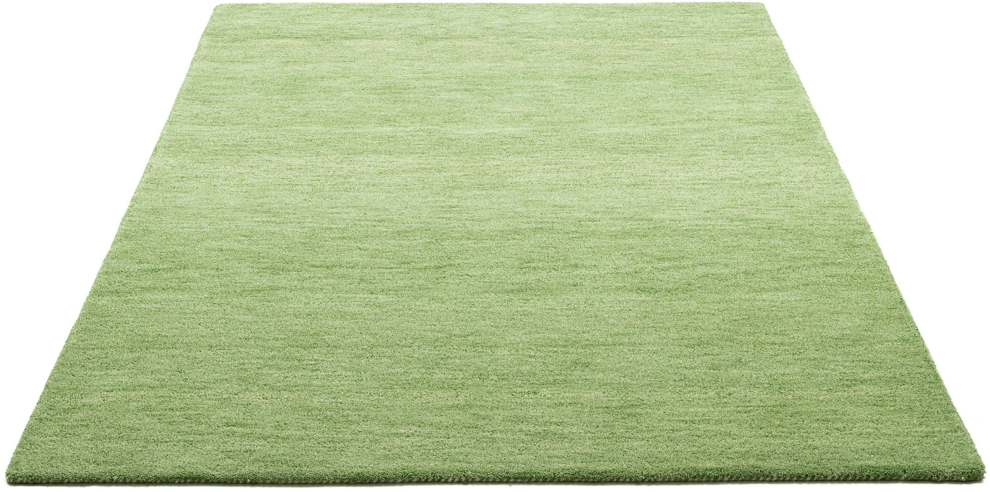Wollteppich Gabbeh Uni, THEKO, rechteckig, Höhe: 14 mm, Handweb Teppich, meliert, reine Schurwolle, handgewebt, Wohnzimmer grün