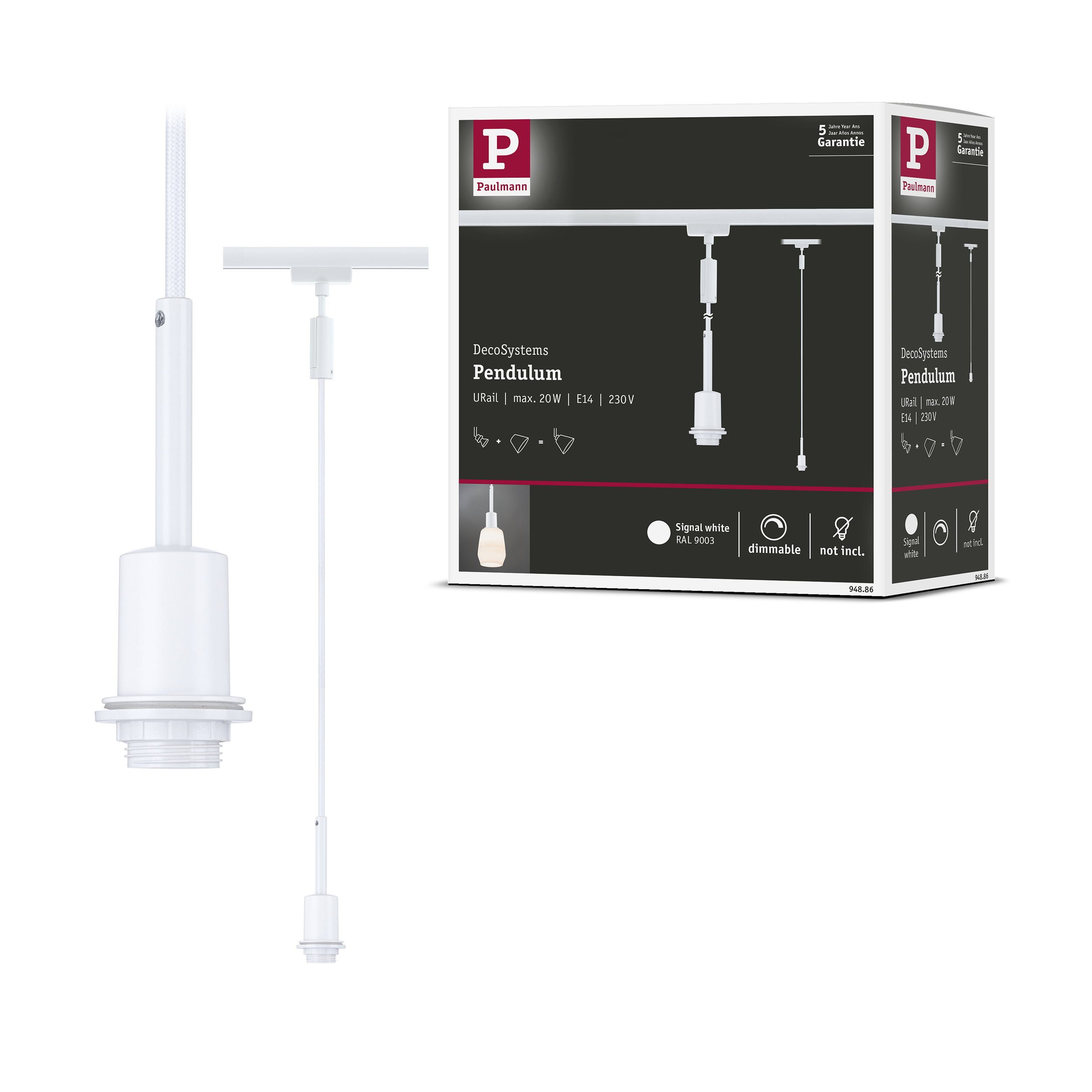 Paulmann Schienensystem-Leuchten URail Pendel DecoSystems Basic E14 max. 20W dimmbar 230V Signalweiß