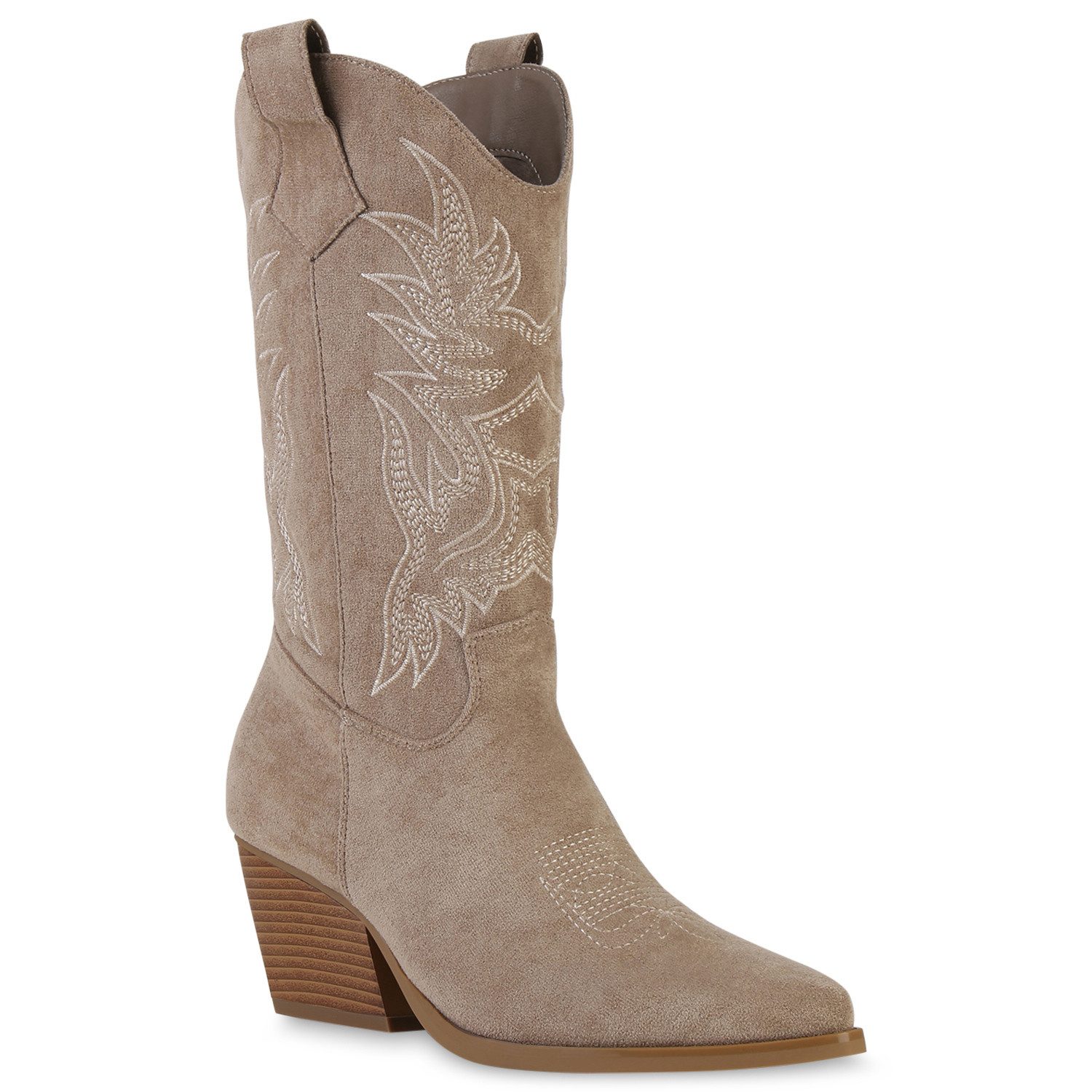VAN HILL 840142 Cowboystiefel Damen Cowboystiefel Stiefel Stickereien Holzoptikabsatz