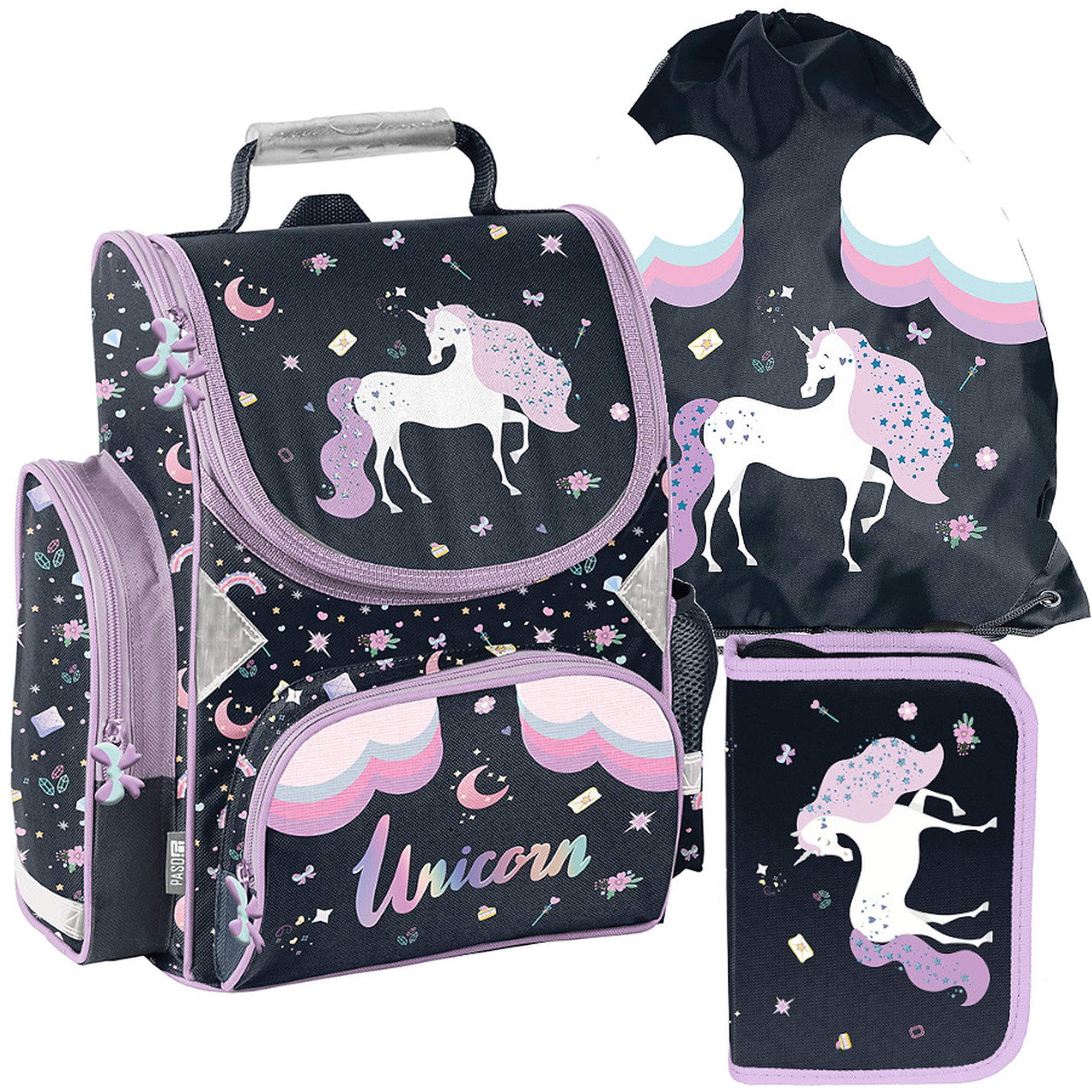 PASO Schulrucksack Mega-Set Einhorn (Schulset, 3-tlg), Schulranzen + Turnbeutel + Federmäppchen Mädchen
