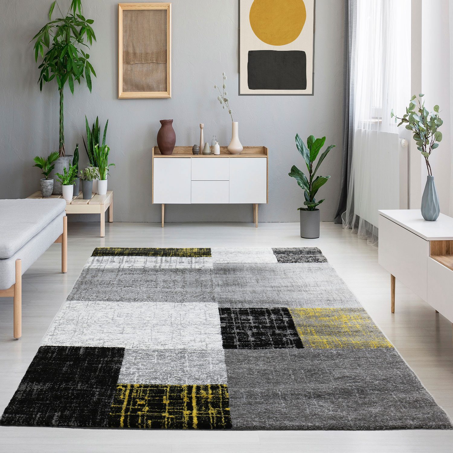 Vimoda Teppich Wohnzimmer Klassisch Karo- kariert Design, Rechteckig, Höhe: 5 mm, Läufer Kachel Optik in Türkis Grau Gelb & Lila Teppich Schlafzimmer