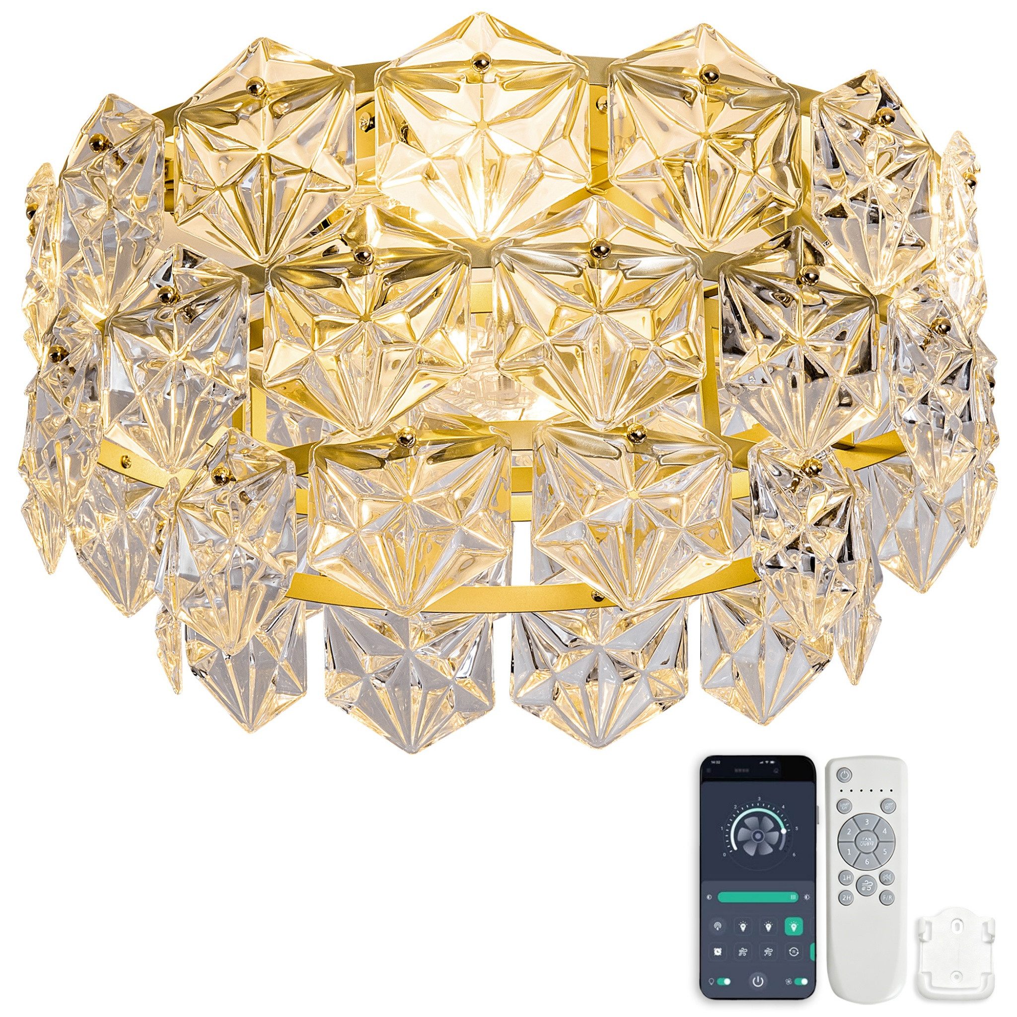 Blossom Deckenventilator Deckenventilator mit Licht 19 Zoll Kristall Deckenlampe Gold, Timer, 6 Geschwindigkeiten App & Fernbedienung Sommer- und Winterbetrieb