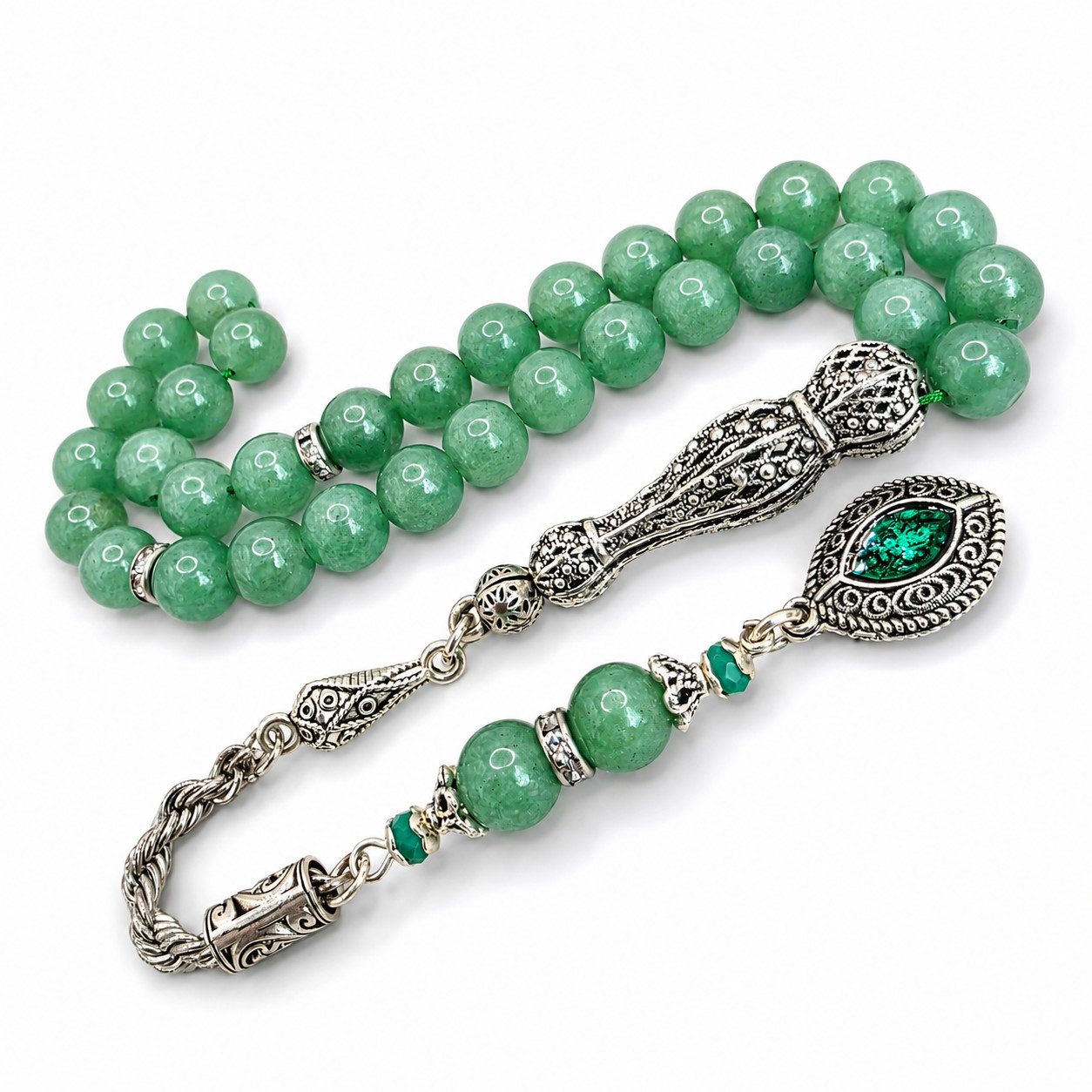 M-Punkt24 Kettenanhänger Tesbih Tespih Naturstein Küre Rund (AVENTURIN, 8 mm, Rosary, Subha Misbah, Gebetskette), Design Püskül, inkl. ETUI, *SONDERPREIS WEGEN PRODUKT NEUHEIT*