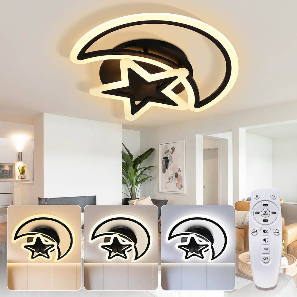 Rosnek Deckenleuchte Mond & Stern LED Deckenleuchte Kinderzimmer – Dimmbar, LED fest integriert, 62W 3000-6000K, mit Fernbedienung Augenschutz Speicher