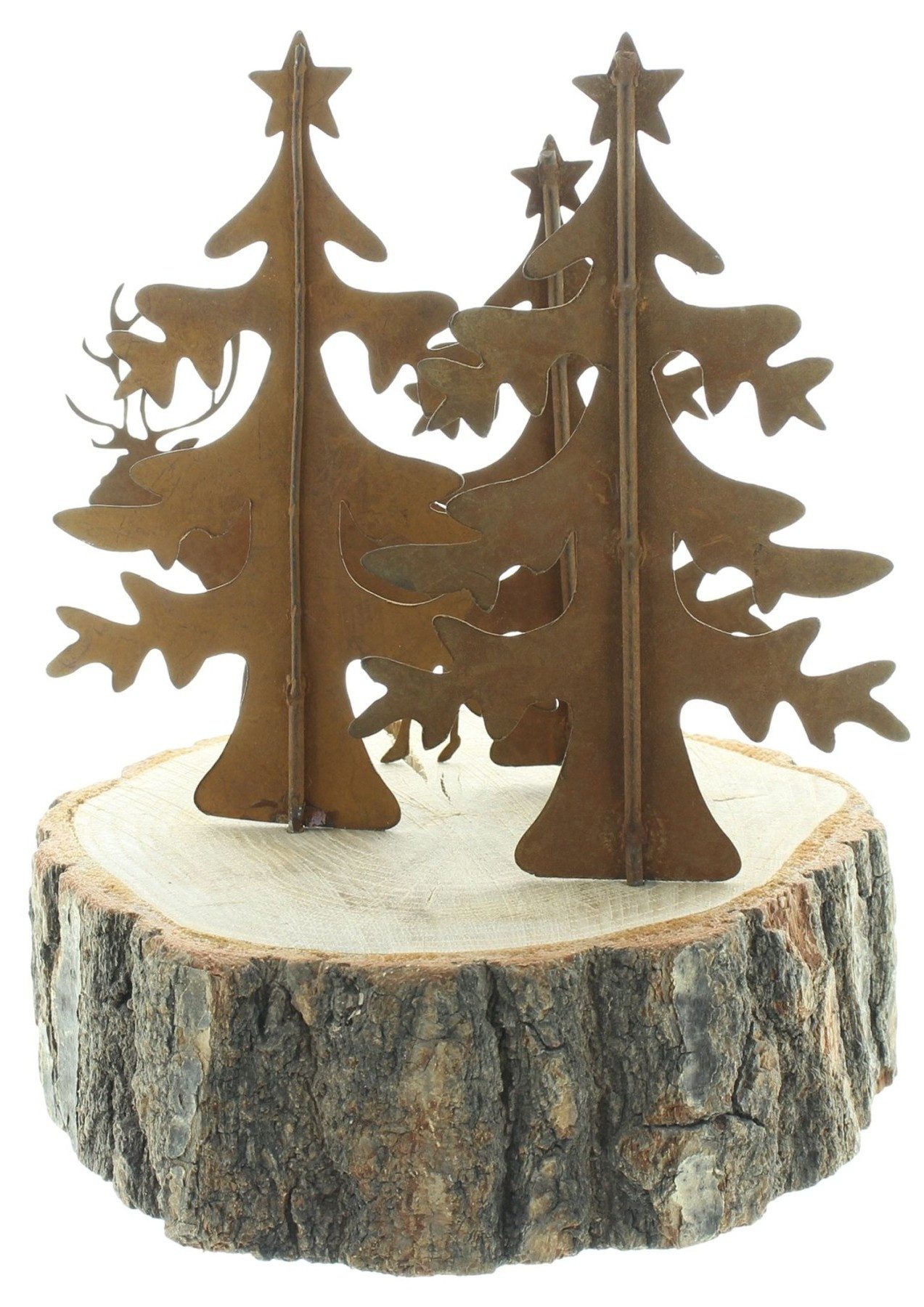 Dekoleidenschaft Dekofigur "Hirsch & Tannen" aus Metall mit Echt Rost, Dekofigur auf Baumscheibe, Winterdeko 19 cm hoch, Metalldeko, Weihnachtsdeko, Tischdeko, Rostdeko