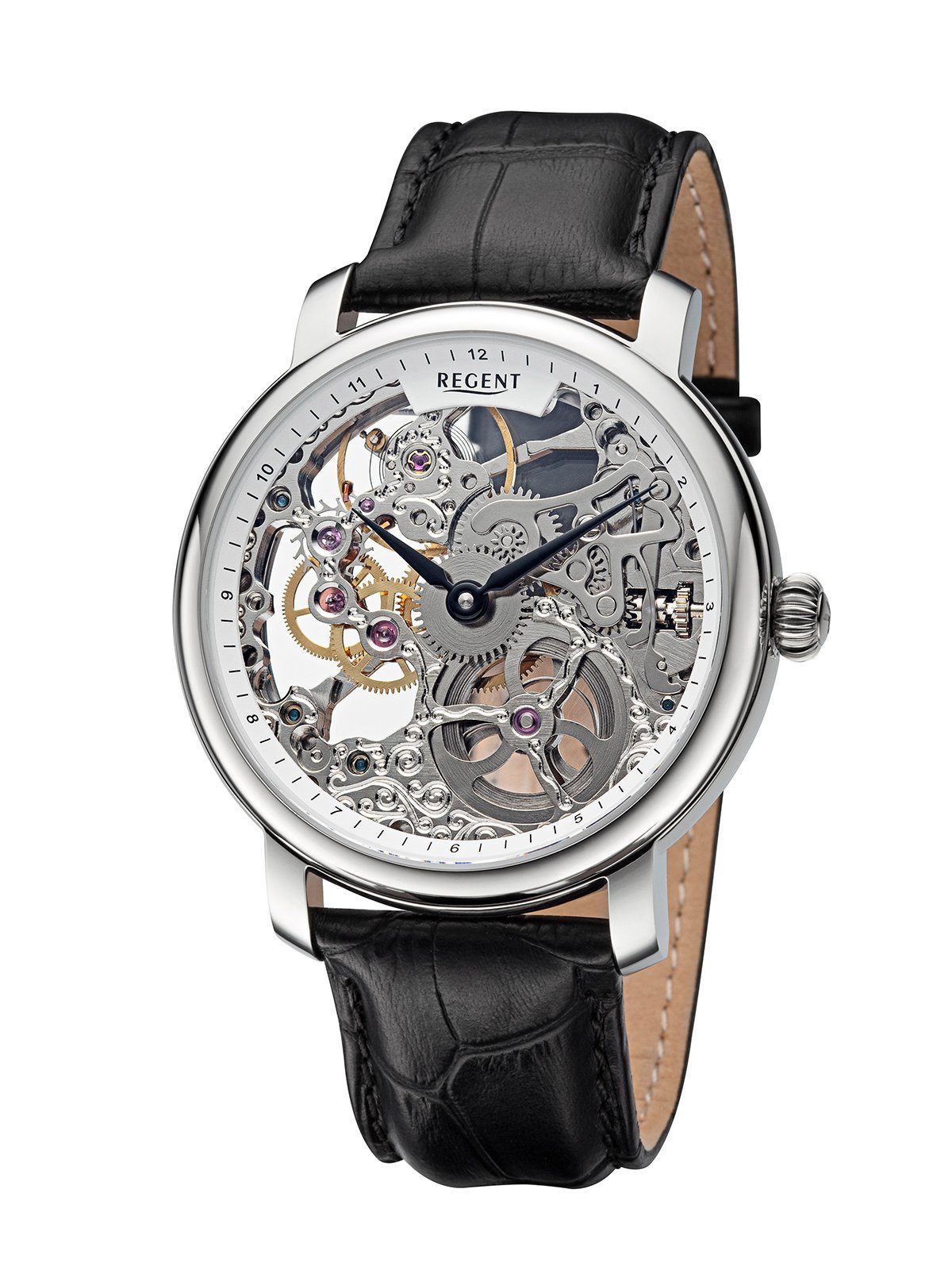 Regent Mechanische Uhr Handaufzug, Skelett-Uhrwerk, Lederband GM-2205, Made in Germany