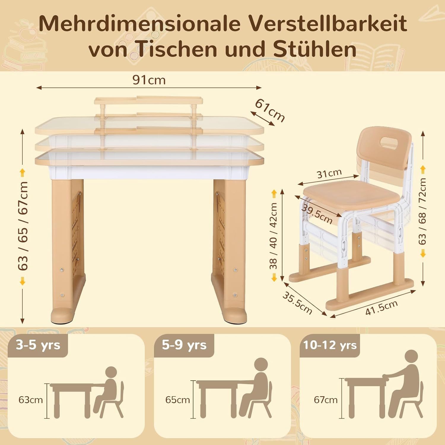 TLGREEN Kinderschreibtisch mit Stuhl Set Höhenverstellbarer (Kinderaußenhocker innen/außen nutzbar, Graffiti-Tisch 3-12 Jahre, mit Seiten-Bücherregal & Ablagekasten), Stabiler Kinderlernplatz für Kinderzimmer/Garten/Arbeitszimmer