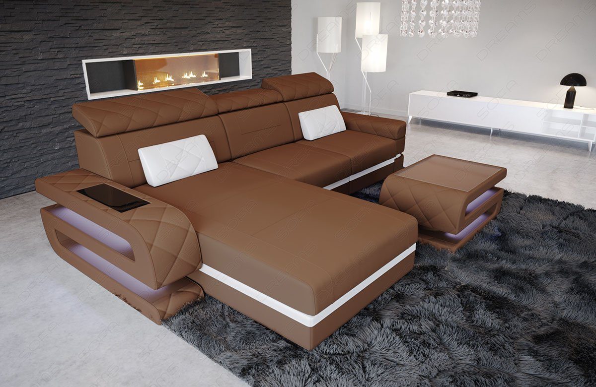 Sofa Dreams Ecksofa Polster Stoffsofa Couch Bologna L Form Stoff Sofa, Mikrofaser, mit LED, ausziehbare Bettfunktion, mit USB-Anschluss, Designersofa