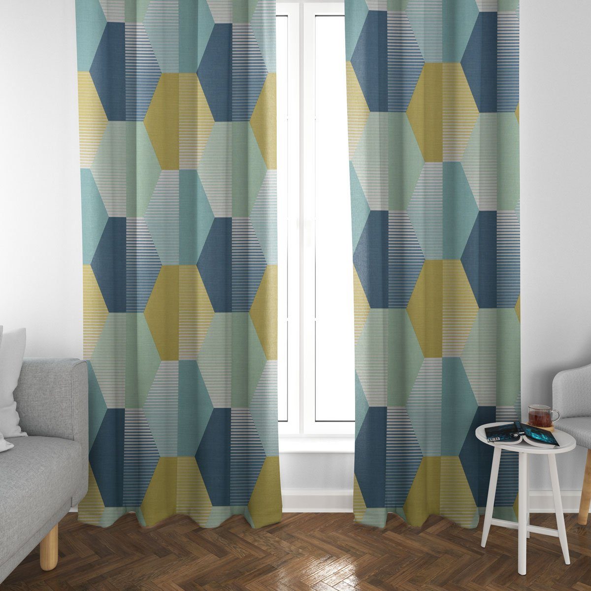 SCHÖNER LEBEN. Vorhang SCHÖNER LEBEN. Vorhang geom. Retro Sechseck blau grün weiß 245cm, Smokband, blickdicht, Baumwolle, handmade