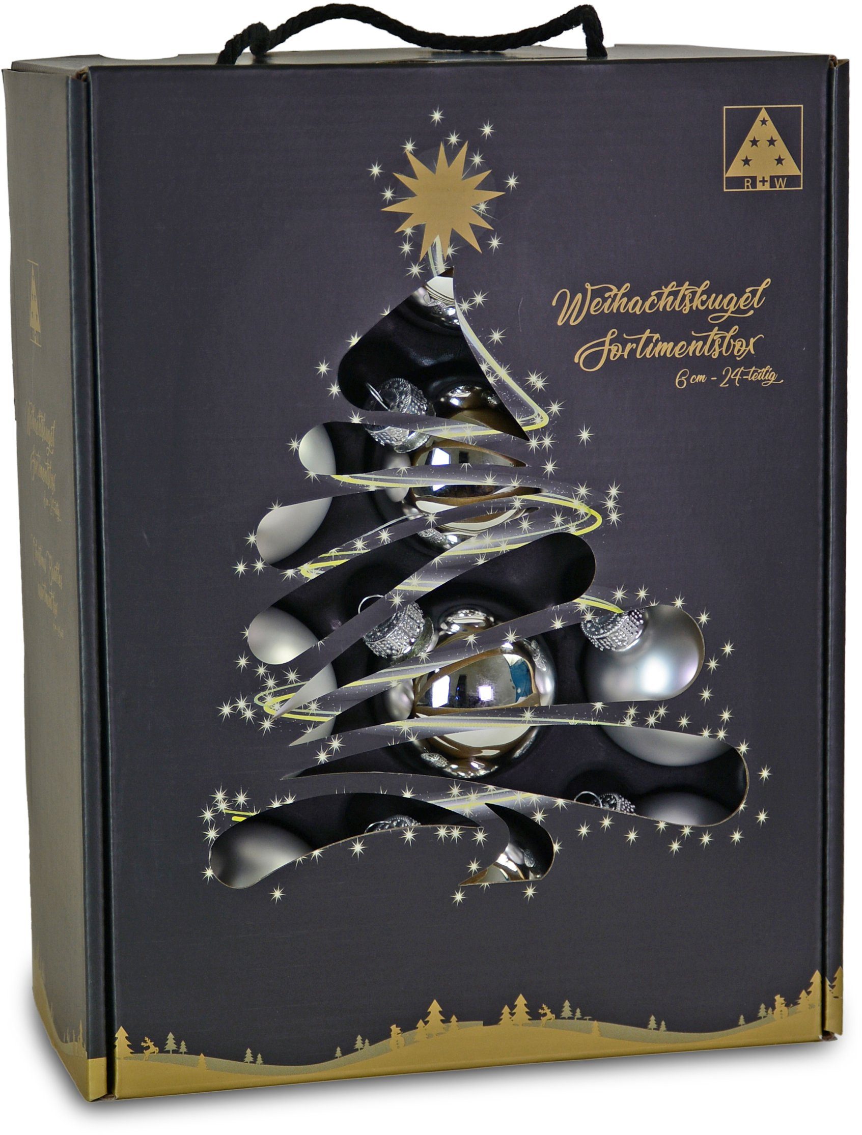 Christbaumschmuck, Weihnachtsbaumkugel RIFFELMACHER & 6 Silber ca. St), aus mit praktischer Glas (24 Ø cm, WEINBERGER Aufbewahrungsbox Glas, Christbaumkugeln Weihnachtsdeko,