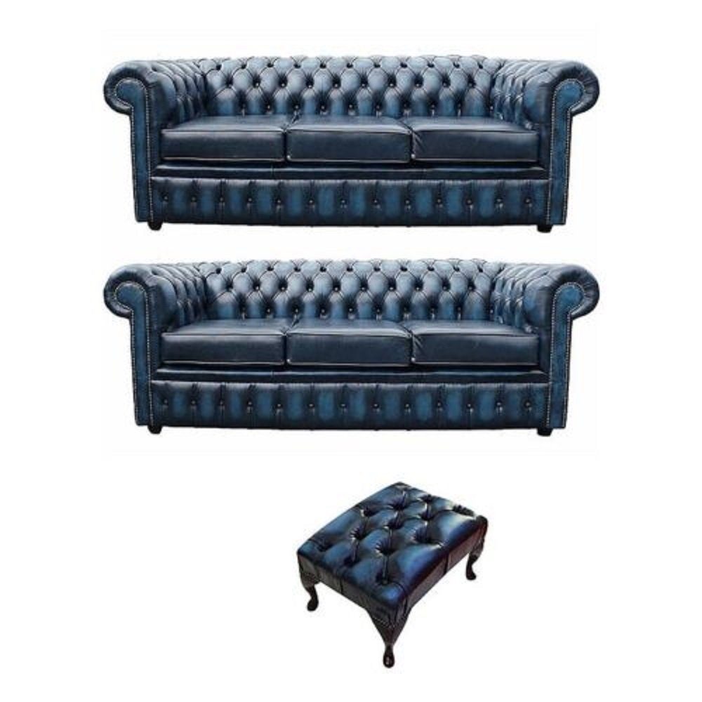 JVmoebel Sofa Klassische blaue Sofagarnitur 3+3 Sitzer + Hocker stilvoll Neu, Made in Europe