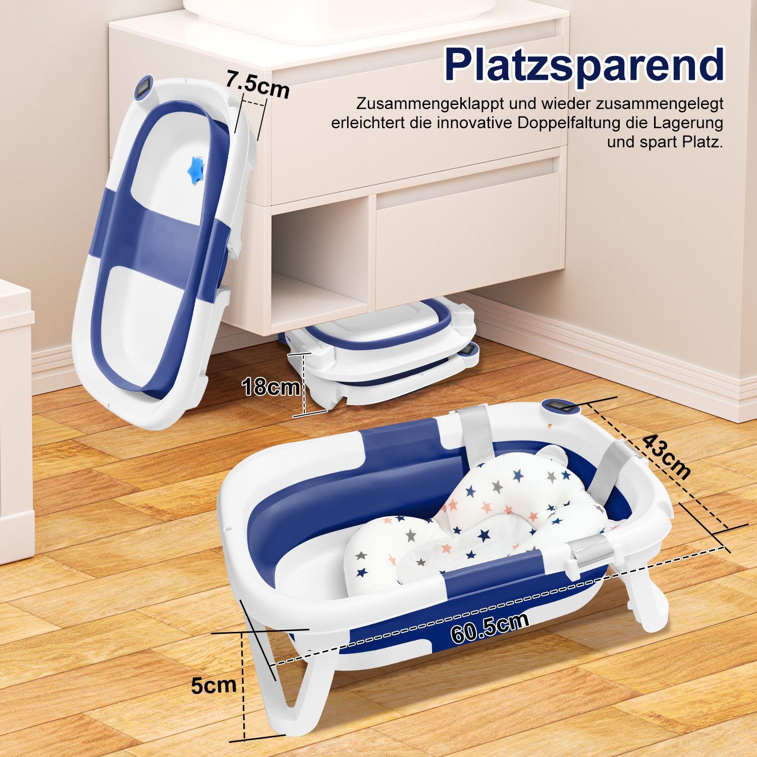 Clanmacy Babybadewanne Baby Badewanne Faltbar Reisebadewanne Silikon mit Kissen blau