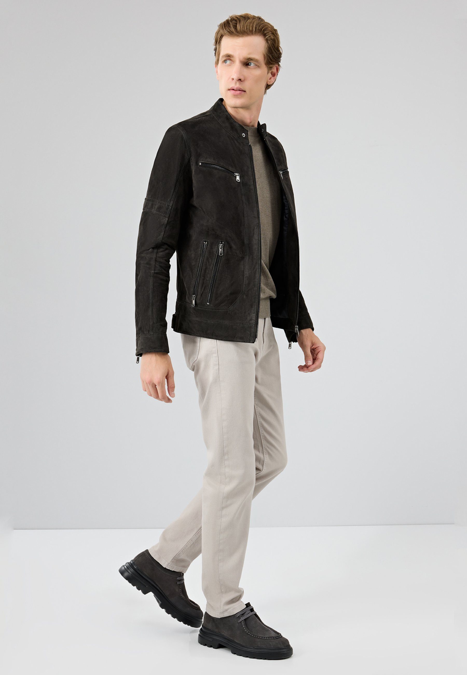 Derimod Lederjacke Patrick Wildlederjacke Regular Fit, Reißverschluss, Stehkragen, Kurz, Textilfutter
