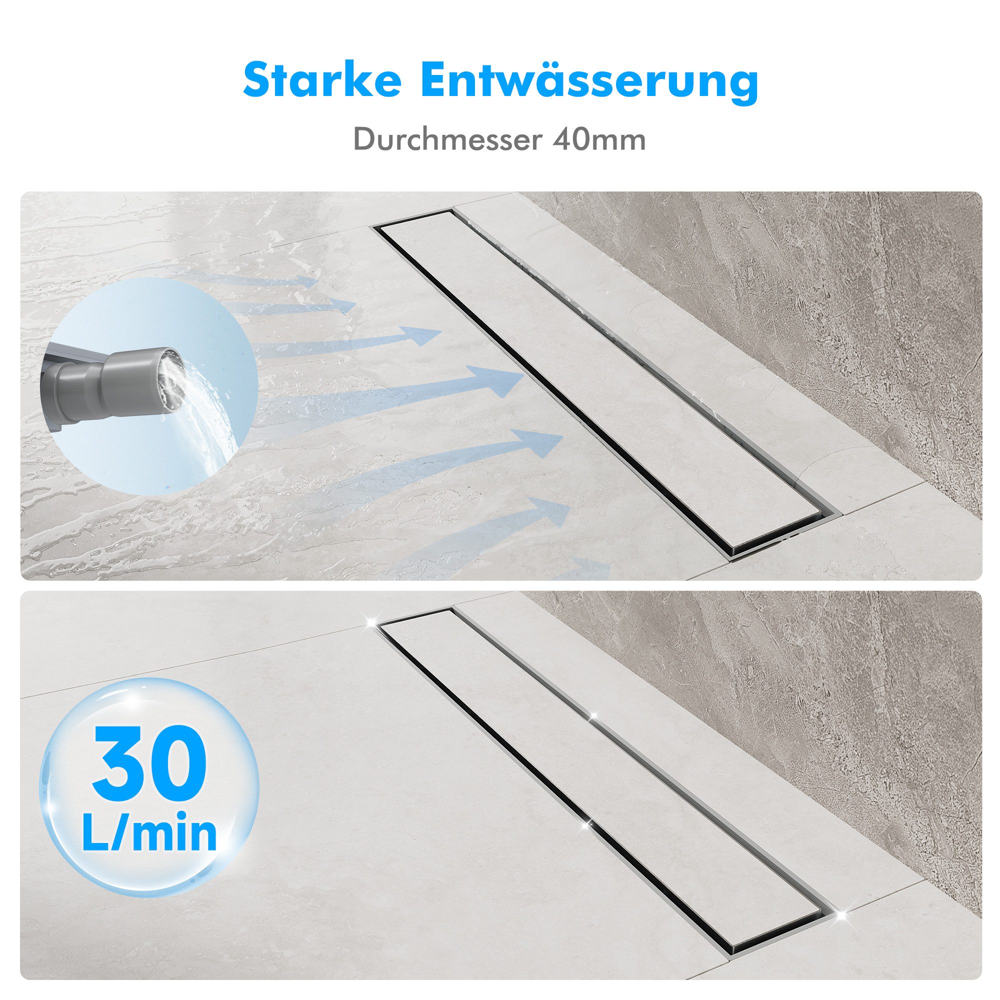 SONNI Duschrinne 2-in-1-Flachduschrinne aus Edelstahl 40-80 cm 360° verstellbar – Bild 4 von 5