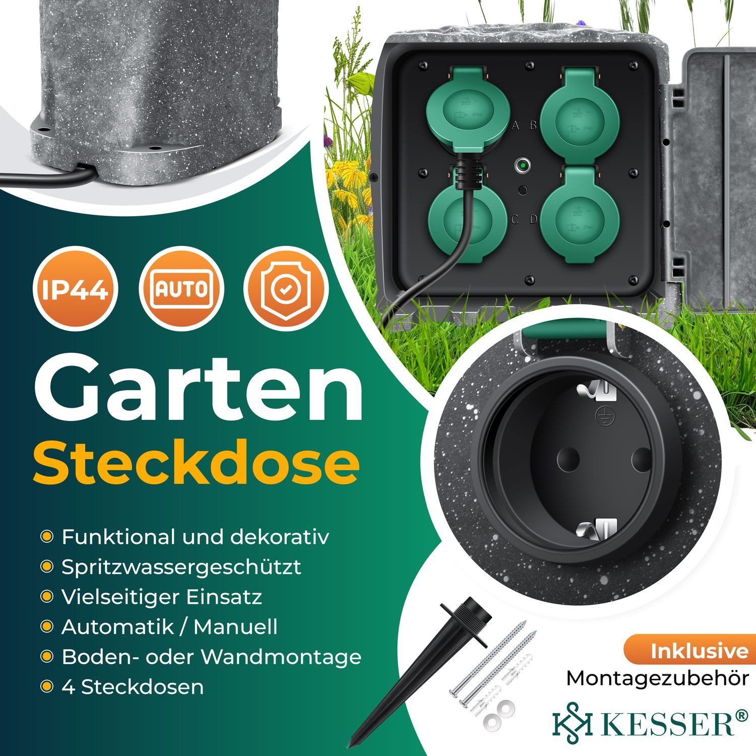 KESSER Gartensteckdose, Gartensteckdose Steinoptik mit Steckplätzen mit WiFi Fun