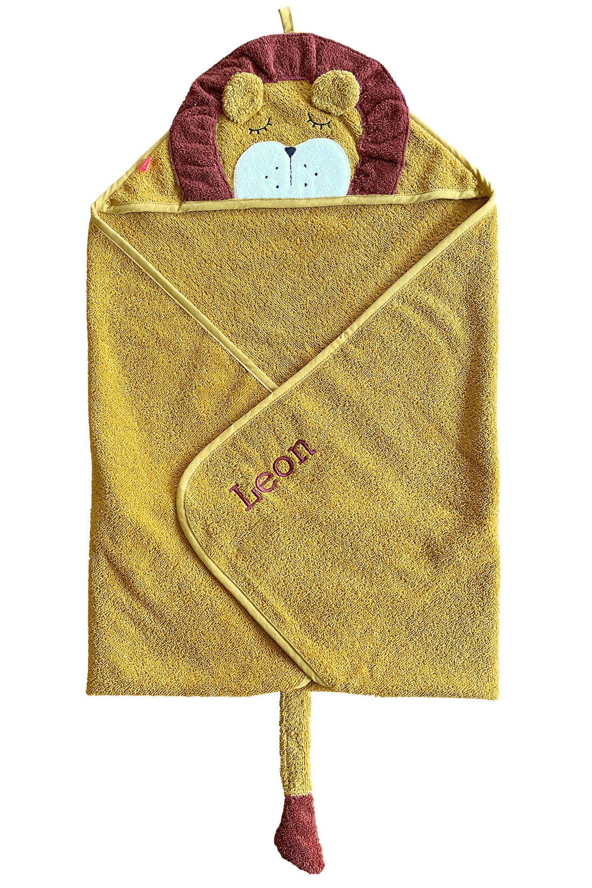 kikadu Badeponcho Kapuzen-Handtuch Löwe Mustard, kuschelig weich Bio-Baumwolle