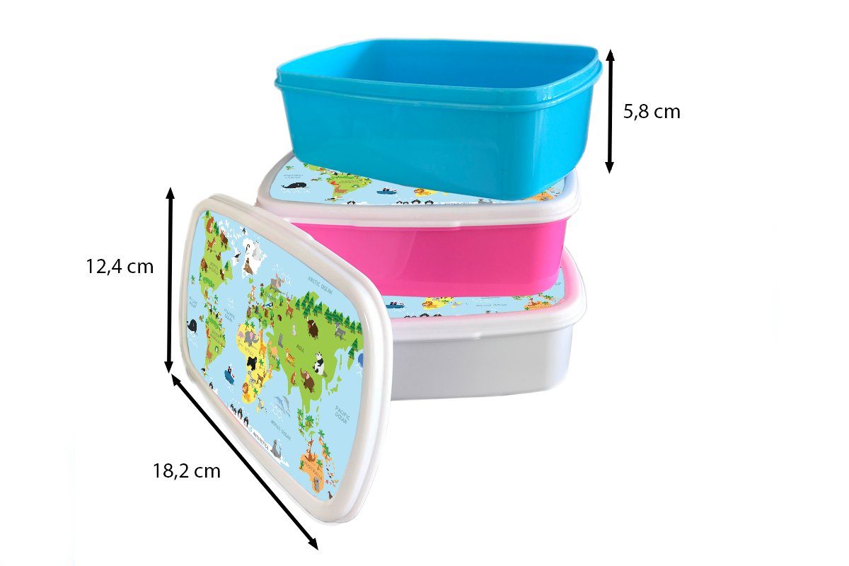 Lunchbox Kinder, - Erwachsene, Tiere Mädchen, Kunststoff, MuchoWow (2-tlg), Kinder Snackbox, Brotbox - Grün, Weltkarte Blau rosa - für - Kunststoff Brotdose