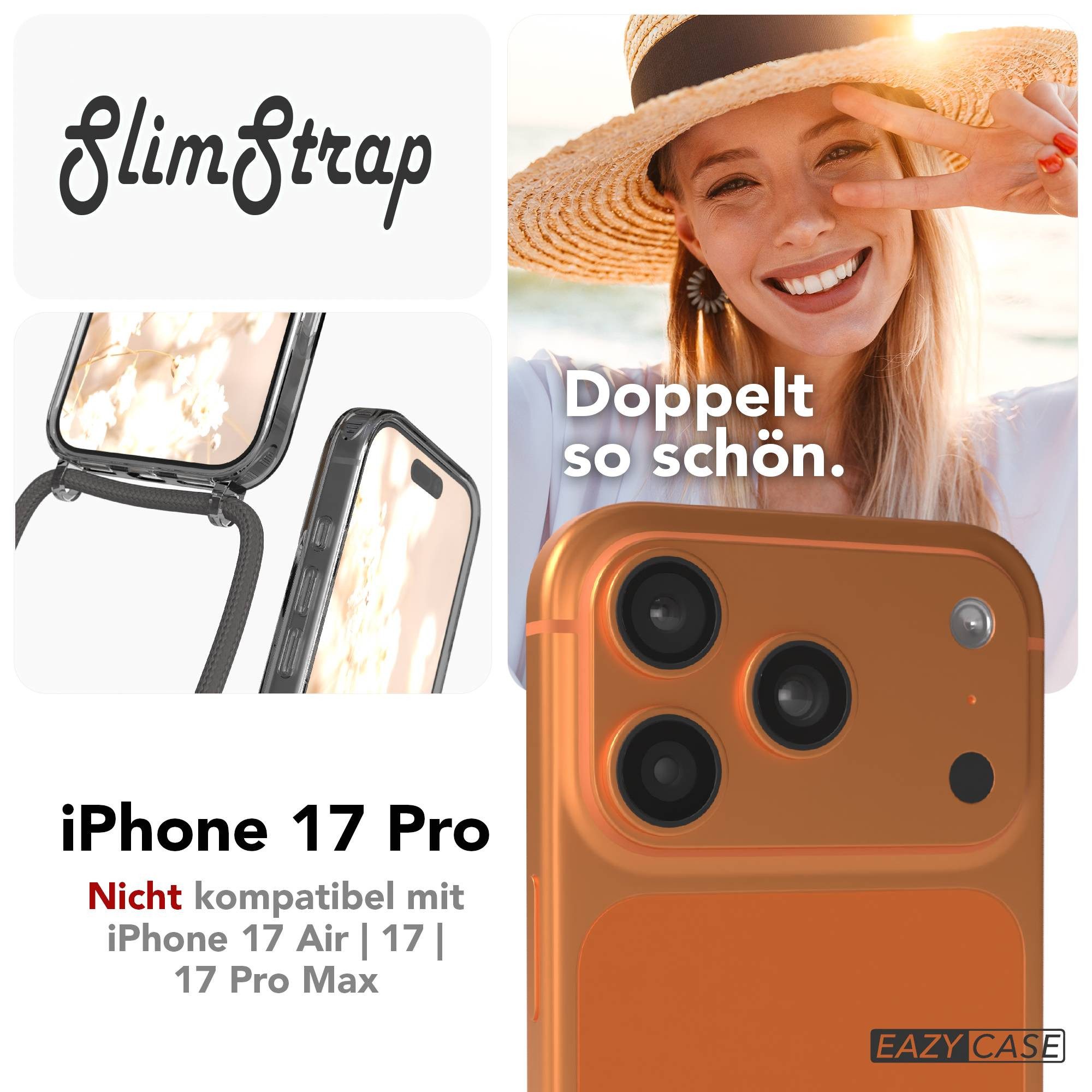 EAZY CASE Handykette mit Magsafe Hülle für Apple iPhone 17 Pro 6,3 Zoll, Umhängetasche für Handy Silikoncase Handyhülle durchsichtig Dunkelgrau