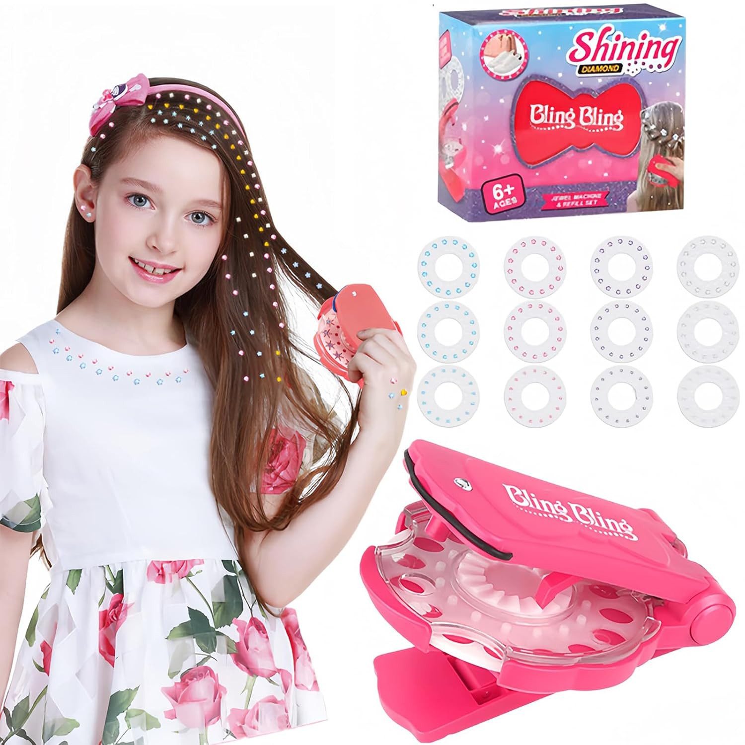 RWEUOQ Haarspange Hair Bedazzler Kit, Glitzersteine Haare Maschine mit 180 Hair Gems, Haarspange Haarclip Strassstein Haarsetzmaschine, 1-tlg., Haar Glitzer Gerät Strasssteine Hair Gemstone Styler, Glam Styling Tool Haarschmuck Styler Geschenk für Mädchen Kinder