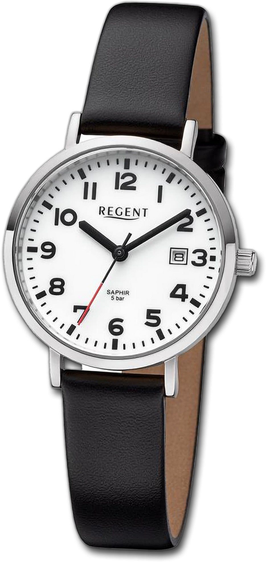 Regent Quarzuhr Regent Damen Armbanduhr Analog, Damenuhr Lederarmband schwarz, rundes Gehäuse, extra groß (ca. 31,3mm)
