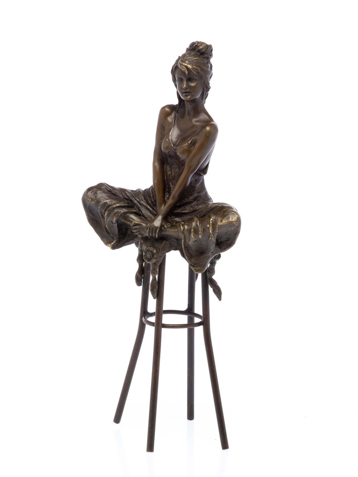 Aubaho Skulptur Bronzeskulptur Frau auf Barhocker Bar Bronze Figur Skulptur sculpture