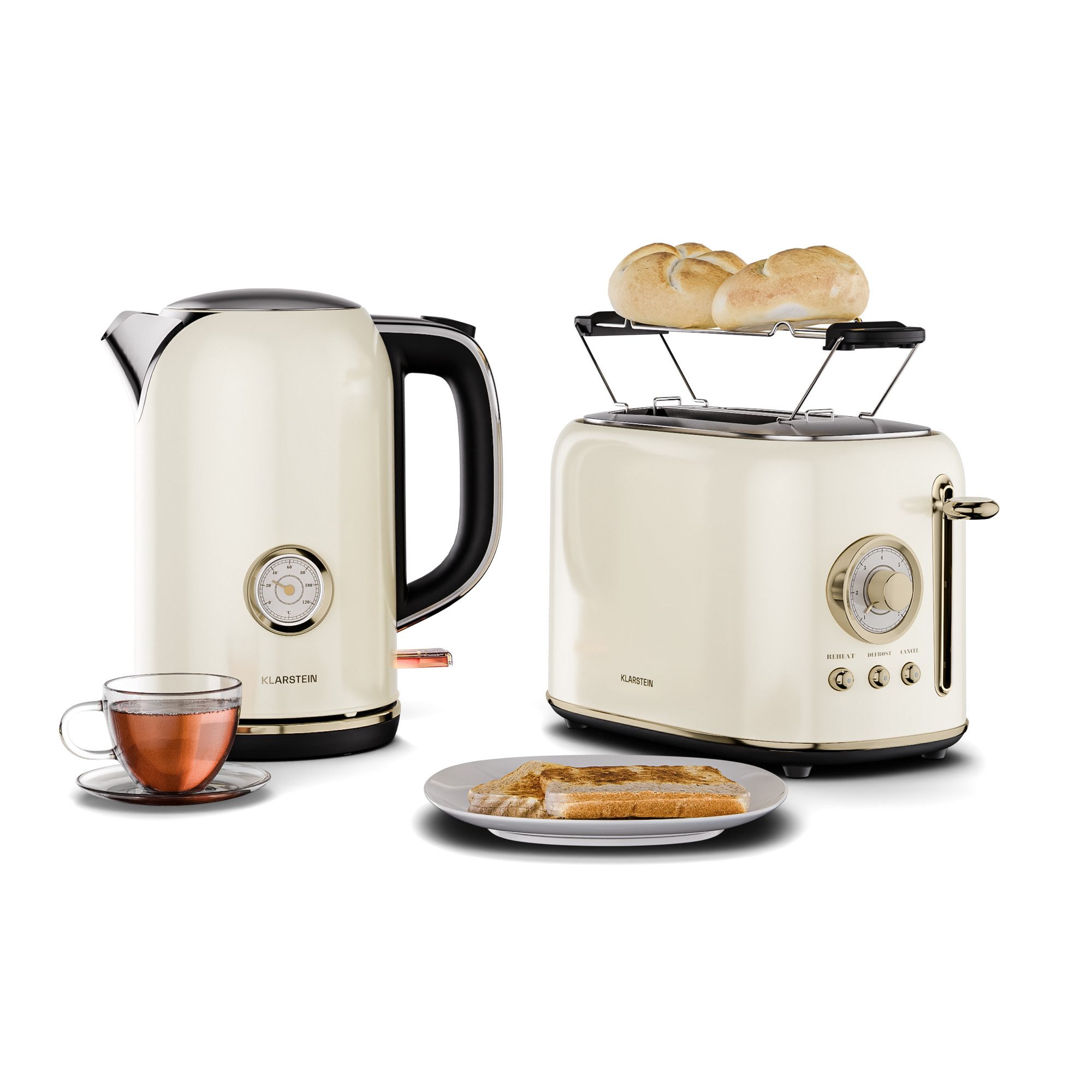 Klarstein Frühstücks-Set Victoria (3-tlg), Toaster mit Brötchenaufsatz 800W Wasserkocher 1,7 L 2200W Creme