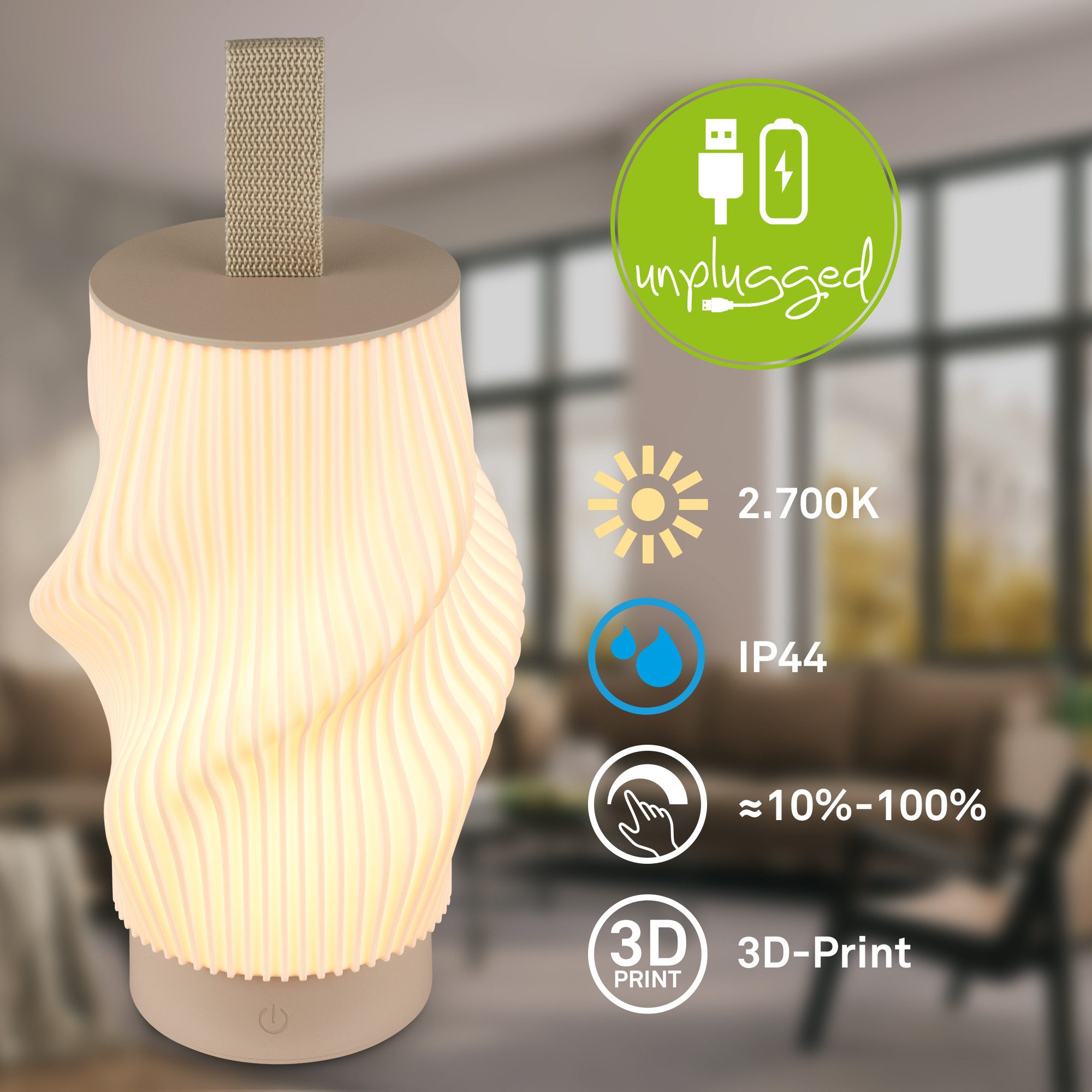Briloner Leuchten LED Tischleuchte Design 3D-Druck Tischlampe kabellos Akku USB-C Touch dimmbar, LED wechselbar, 2700K, Akku tauschbar, Indoor/Outdoor, Wohnzimmer, Balkon
