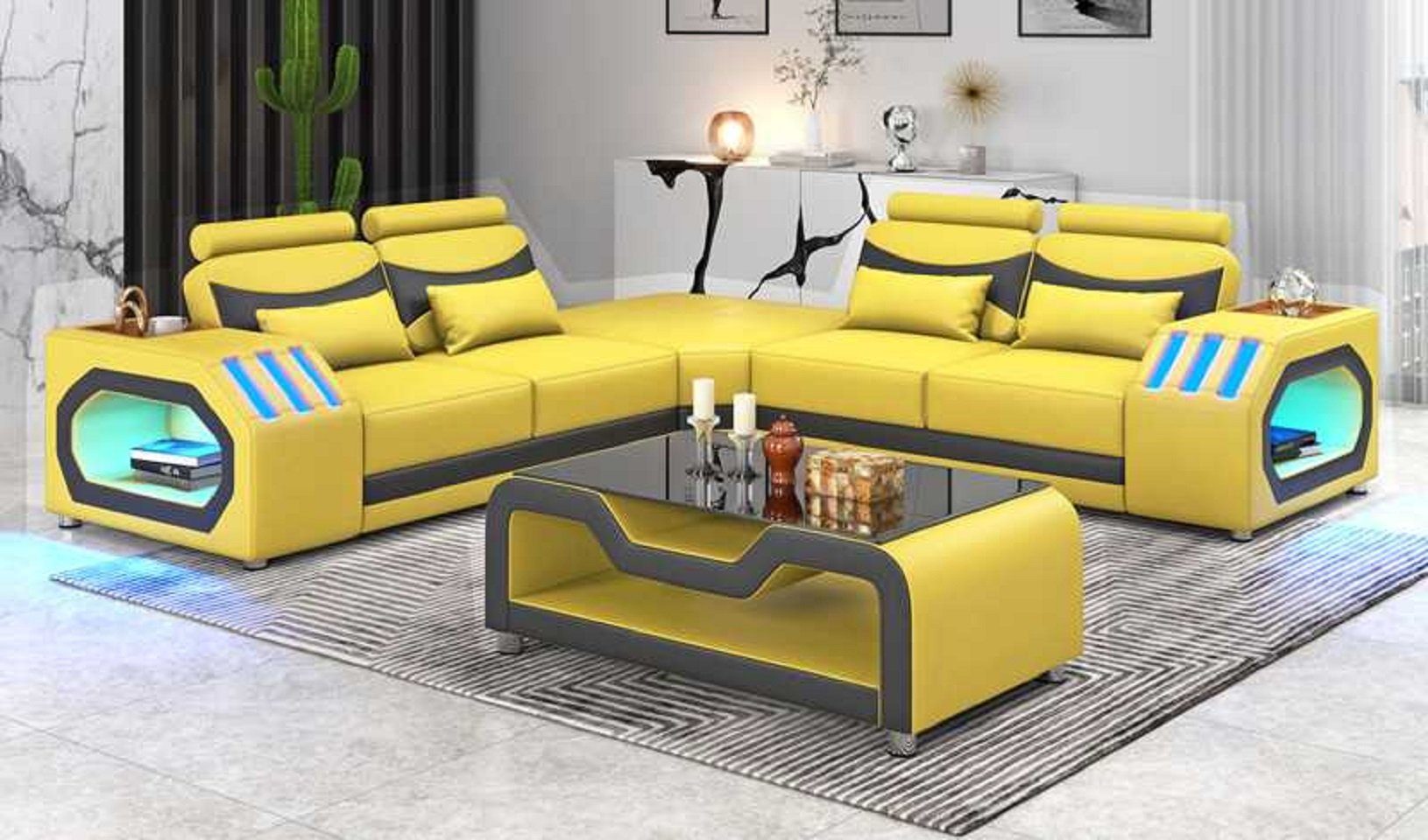 JVmoebel Ecksofa Eckgarnitur Ecksofa L Form Ledersofa Couch Sofa Luxus Moderne, 3 Teile, Made in Europe Gelb
