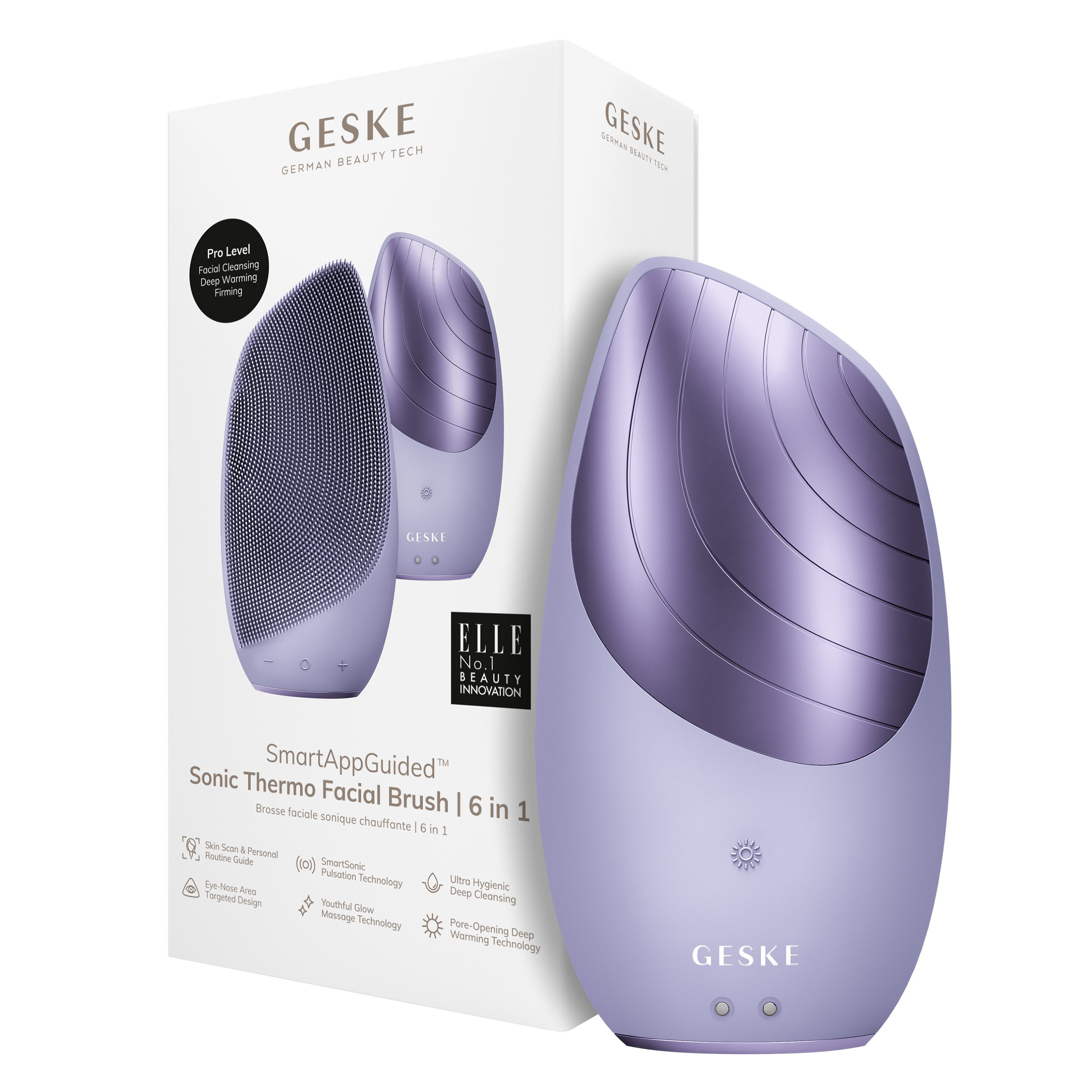 GESKE German Beauty Tech Elektrische Gesichtsreinigungsbürste SmartAppGuided™ Sonic Thermo Facial Brush 6 in 1, Packung (Gerät & USB-Ladekabel), 2-tlg., Gerät inkl. kostenloser APP (SmartAppGuided Device), Anti-Aging Massage-, SmartSonic Pulsation- & Tiefen-Wärme-Technologie