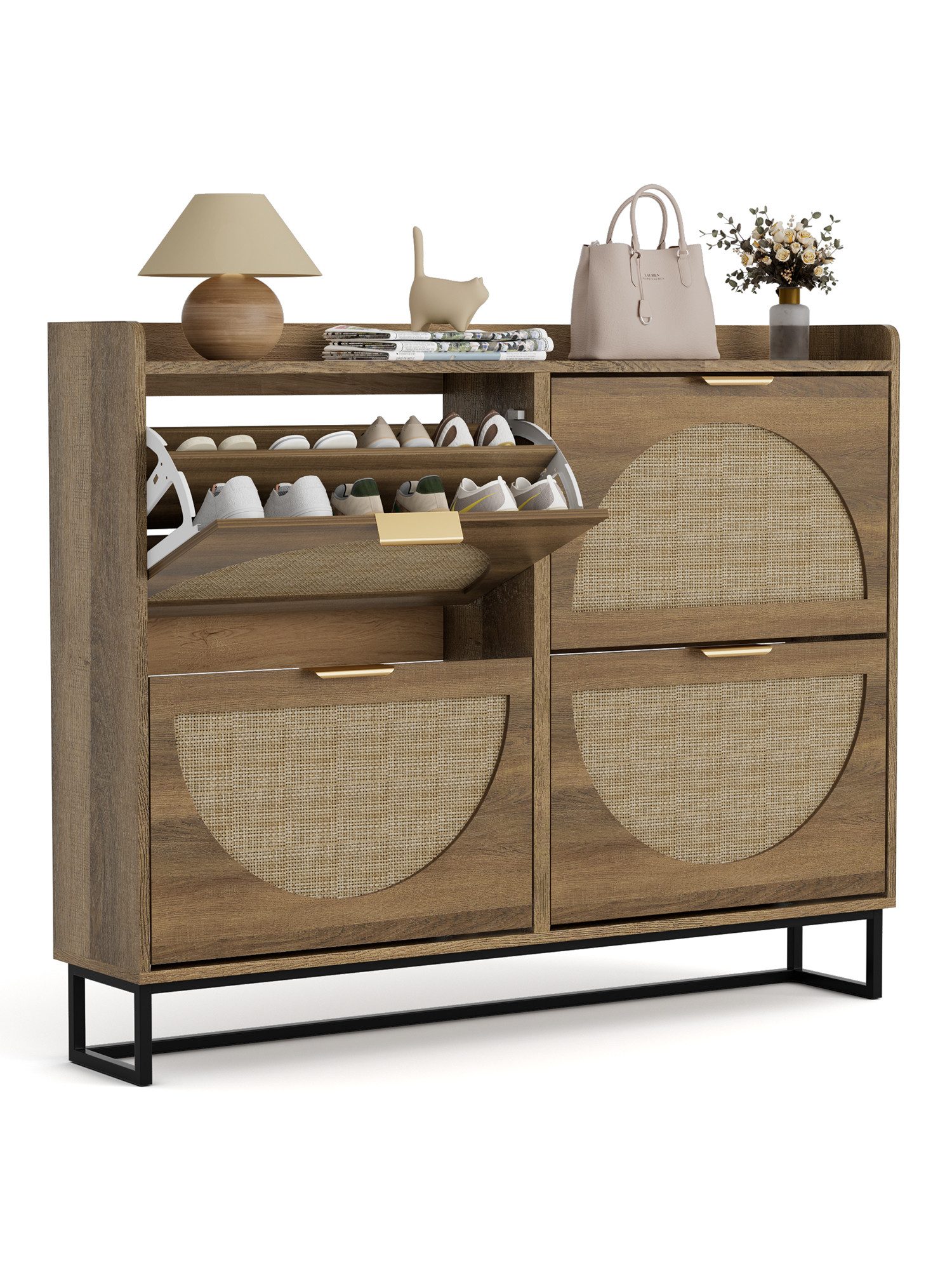 FiveWillowise Schuhschrank Schmal, Schuhaufbewahrung, Schuhablage & Schuhkommode (1-St) Rattan Schuhregal mit 4 Klappen, 120x24x95,5 cm
