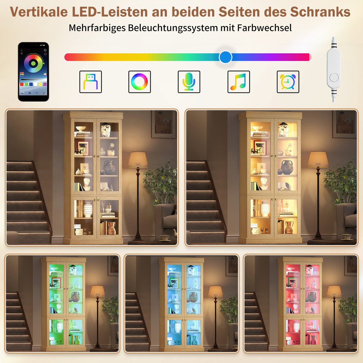 Odikalo Vitrine Vitrineschrank Glasvitrine mit LED (durchdachter Innenaufteilung und Kippschutz, stabil, sicher und vielseitig für Zuhause) 80×40×180cm – Bild 5 von 5
