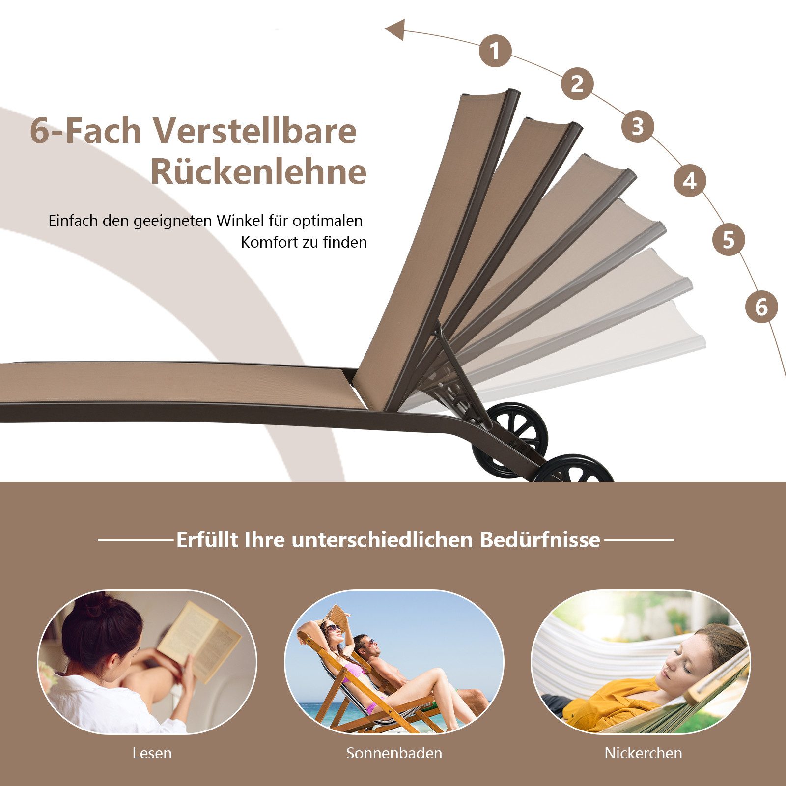 COSTWAY Gartenliege Sonnenliege, mit Rollen, 6-fach verstellbar – Bild 2 von 5