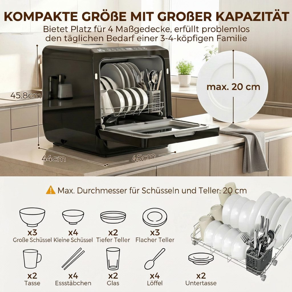 kowdom Tischgeschirrspüler 800-268V90, 4 Maßgedecke, LED, Trocknung, 6L-Tank, freistehend, ohne Wasseranschluss – Bild 5 von 5