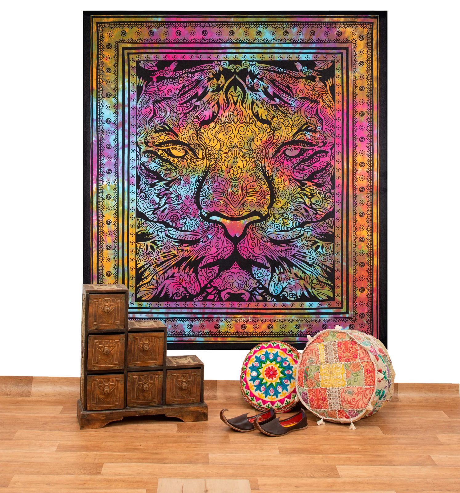 KUNST UND MAGIE Wandteppich Tagesdecke Wandbehang Deko Tuch Tiger Meditation ca. 200 x 225 cm