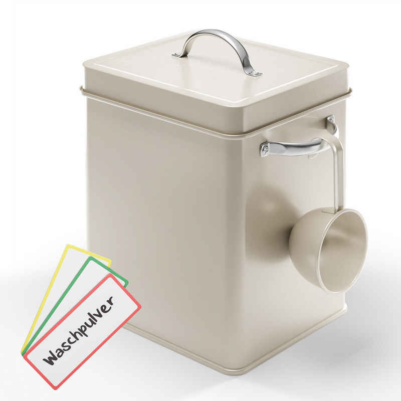 Björn&Schiller Aufbewahrungsbox Waschpulver 6,5 L, Waschmittelbehälter Metall (Box für Spülmaschinenpulver, Set aus drei beschreibbaren Magneten), Waschmittelbox mit Dosierer, Geschirrspülpulver Behälter