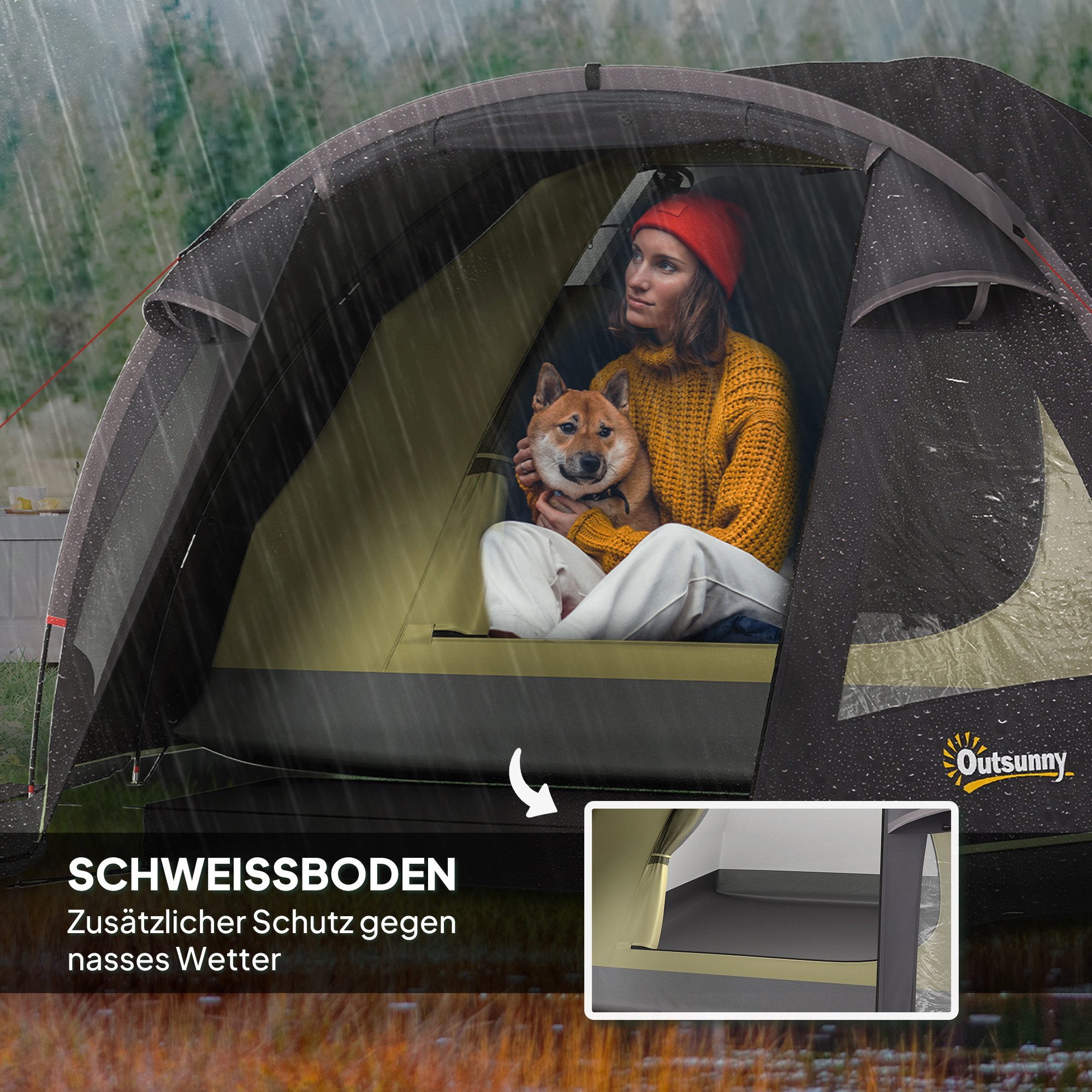 Outsunny Tunnelzelt mit Vordach, Seitentür&Fenster, Bodenplane, Personen: 4 (wasserdicht UV 50+ Familienzelt, 1 tlg., Campingzelt für 4 Personen), mit 3000mm Wassersäule, für Camping Reise Trekking Garten