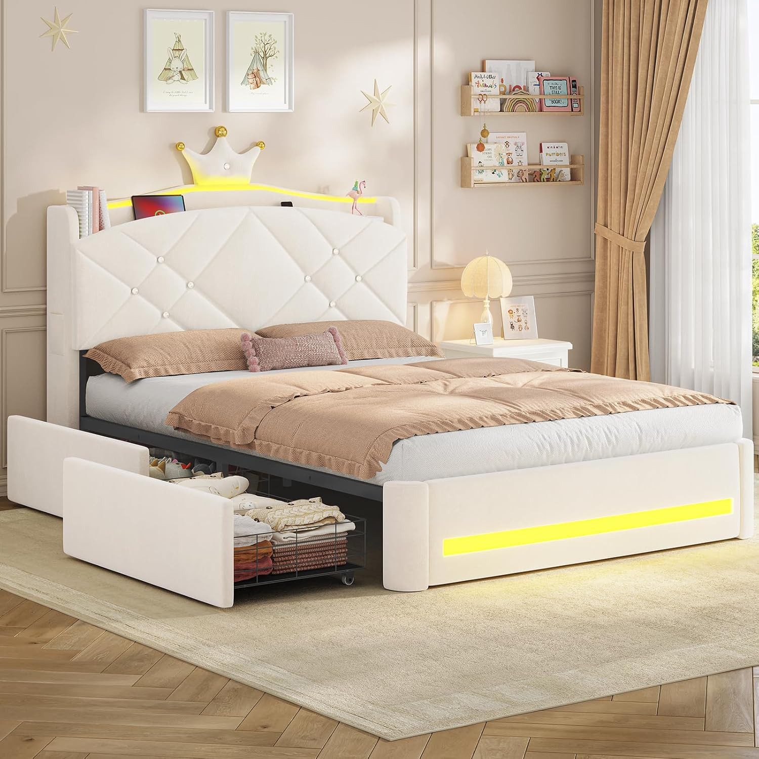 MSMASK Kinderbett im Kronen-Design mit LED-Beleuchtung, Ladestation und 2 Schubladen (Ohne Matratze), Polsterbett Jugendbett Prinzessinnenbett 140 x 200cm