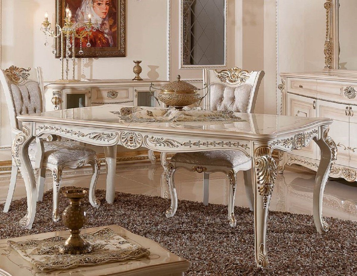 Casa Padrino Esstisch Casa Padrino Luxus Barock Esstisch Weiß / Beige / Gold - Rechteckiger Barockstil Küchentisch - Luxus Esszimmer Möbel im Barockstil - Barock Esszimmer Möbel - Barock Einrichtung | Esstische