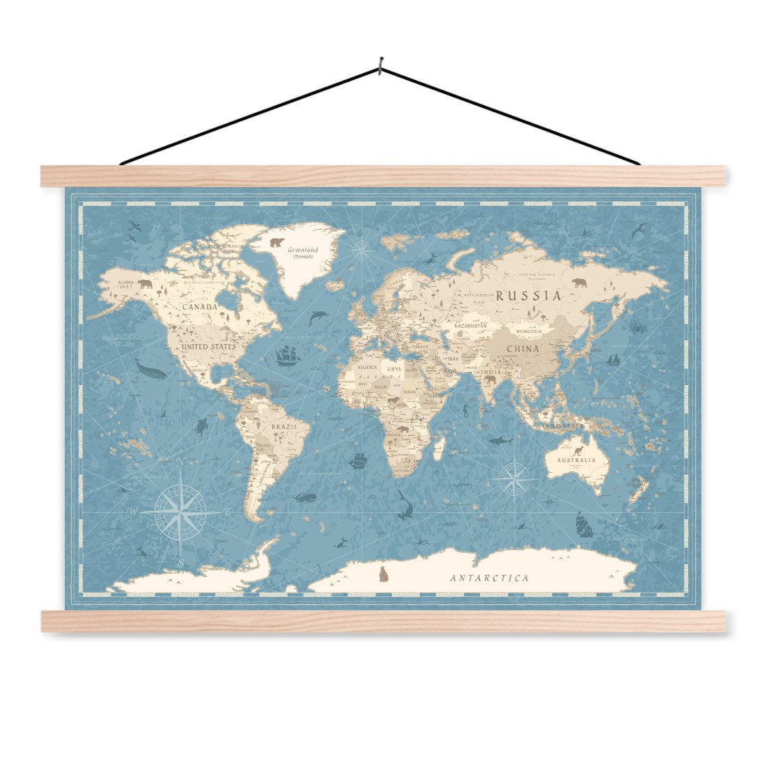 MuchoWow Poster Weltkarte - Vintage - Blau, (1 St), Posterleiste, Textilposter für Wohnzimmer, Bilderleiste, 60x40 cm