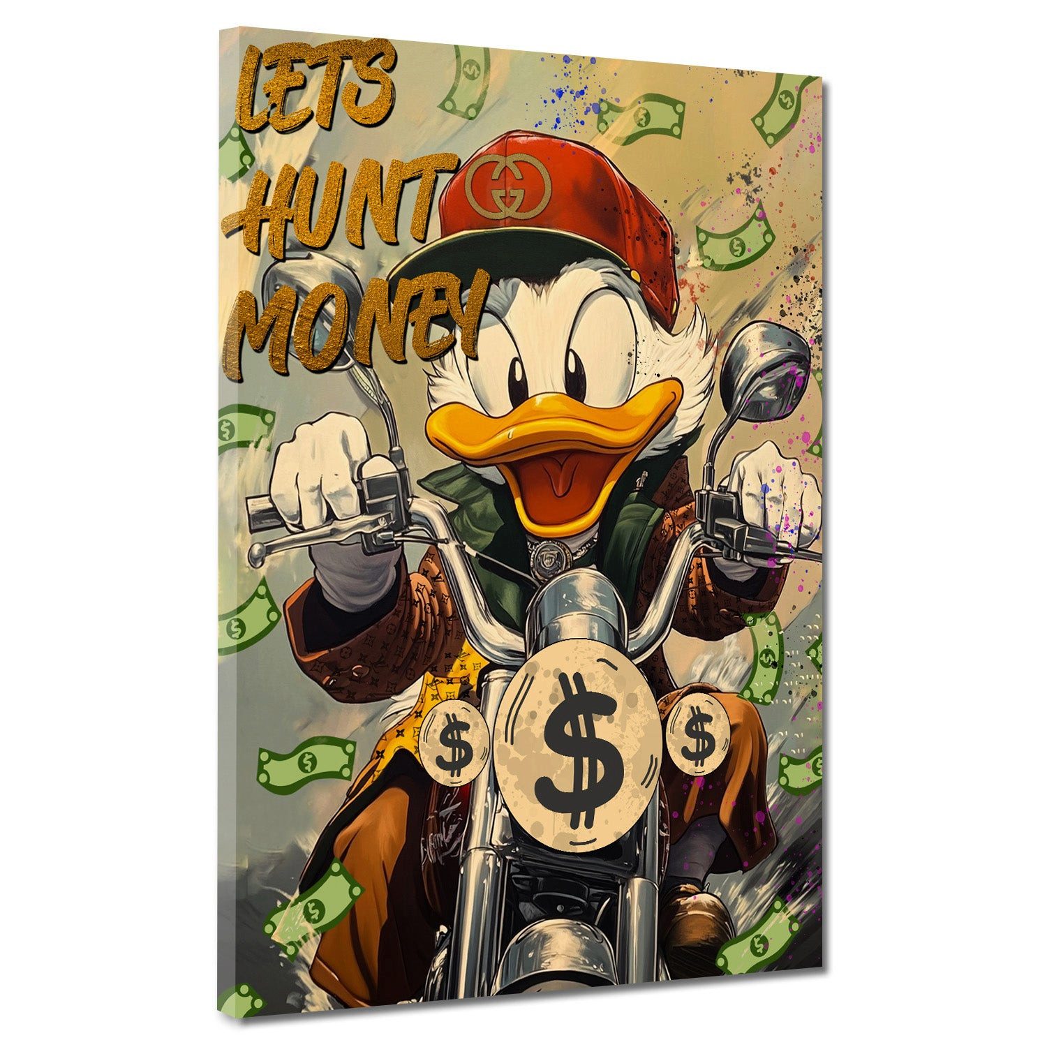 Artedinoi Leinwandbild Comic Duck auf Motorrad im Geldregen Leinwandbild Wandbild Kunstdruck, Comic-Ente auf Motorrad im Geldregen