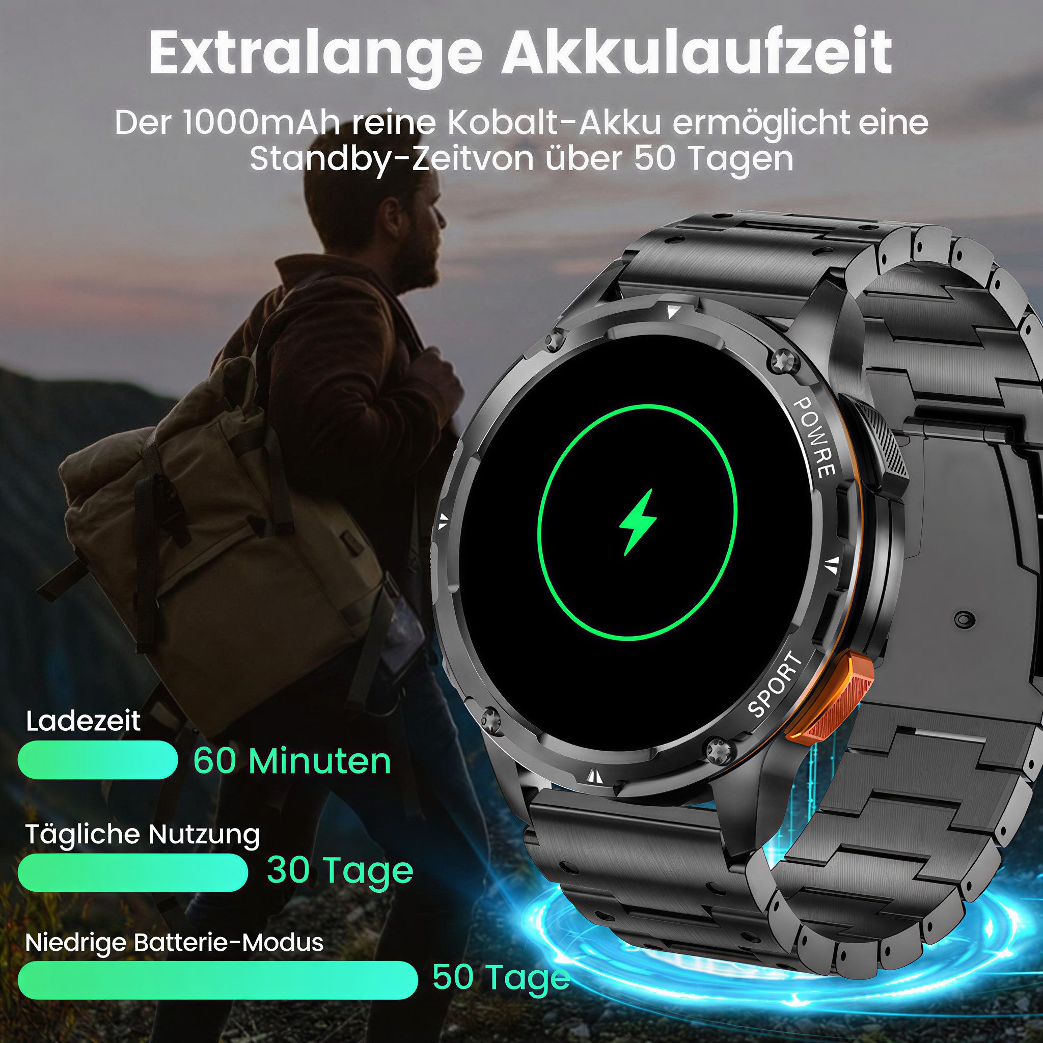 SWGOTA 2026 Smartwatch für Herren in Militärqualität Fitnessuhr Smartwatch (3.63 cm/1,43 Zoll, AMOLED Always On Display), mit 100+ Sportmodi,24/7 Herzfrequenz/SpO2/Schlafüberwachung