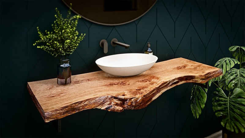 Living Oak Waschtischplatte Tischplatte Roseneiche Waschtischplatte (massive Tischplatte aus Eiche für Dein Badprojekt oder auch den kleinen Couchtisch), Tischplatte aus einem Stück Eiche mit Baumkante. Baumstammplatte.