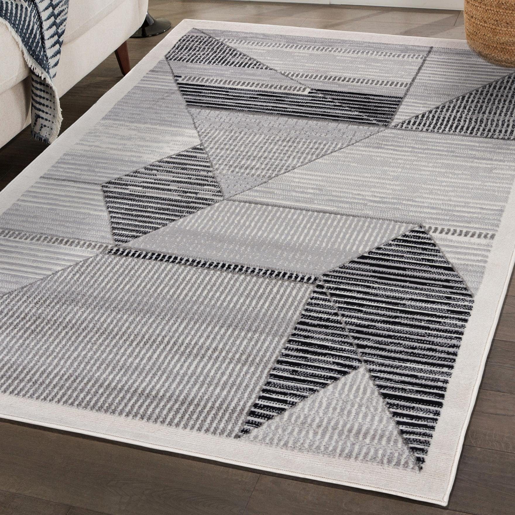 Designteppich Modern Teppich Geometrisch Creme Grau - Weich, Pflegeleich, Mazovia, 80 x 150 cm, Geeignet für Fußbodenheizung, Höhe 7 mm, Kurzflor | Alle Teppiche