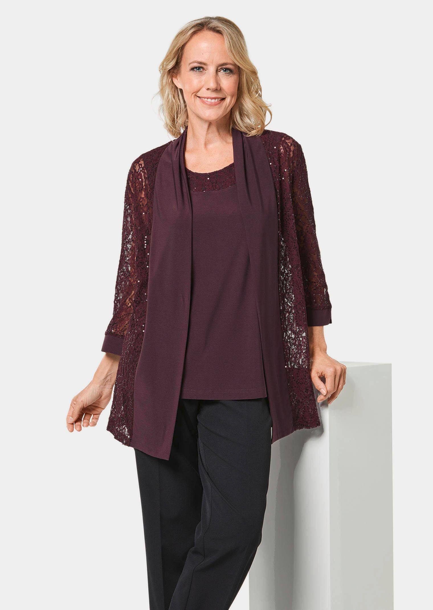 GOLDNER Shirtbluse Elegantes Set mit Pailletten-Details Spitzenjacke mit Schalkragen und 3/4-Arm, Basictop mit Spitzenblende – Bild 5 von 5